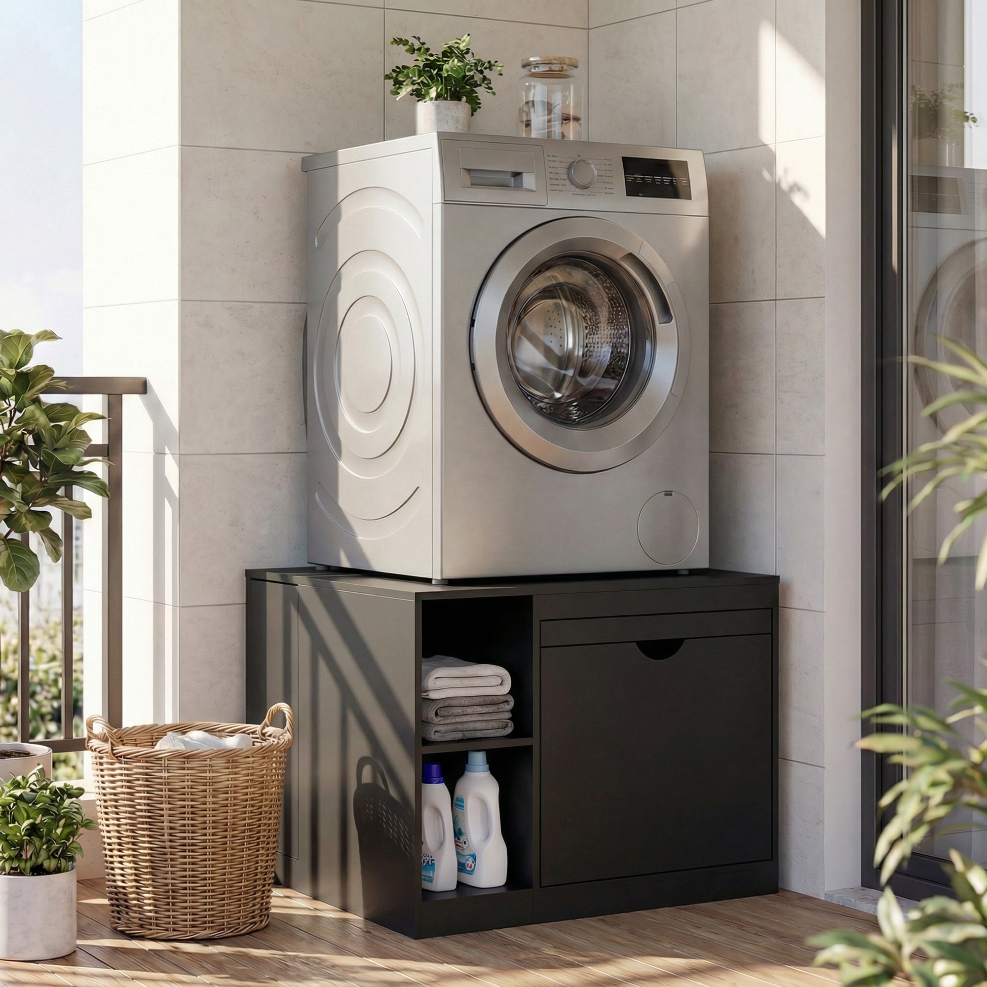 Washing machine on a stand with a black cabinet below, surrounded by plants and laundry items.