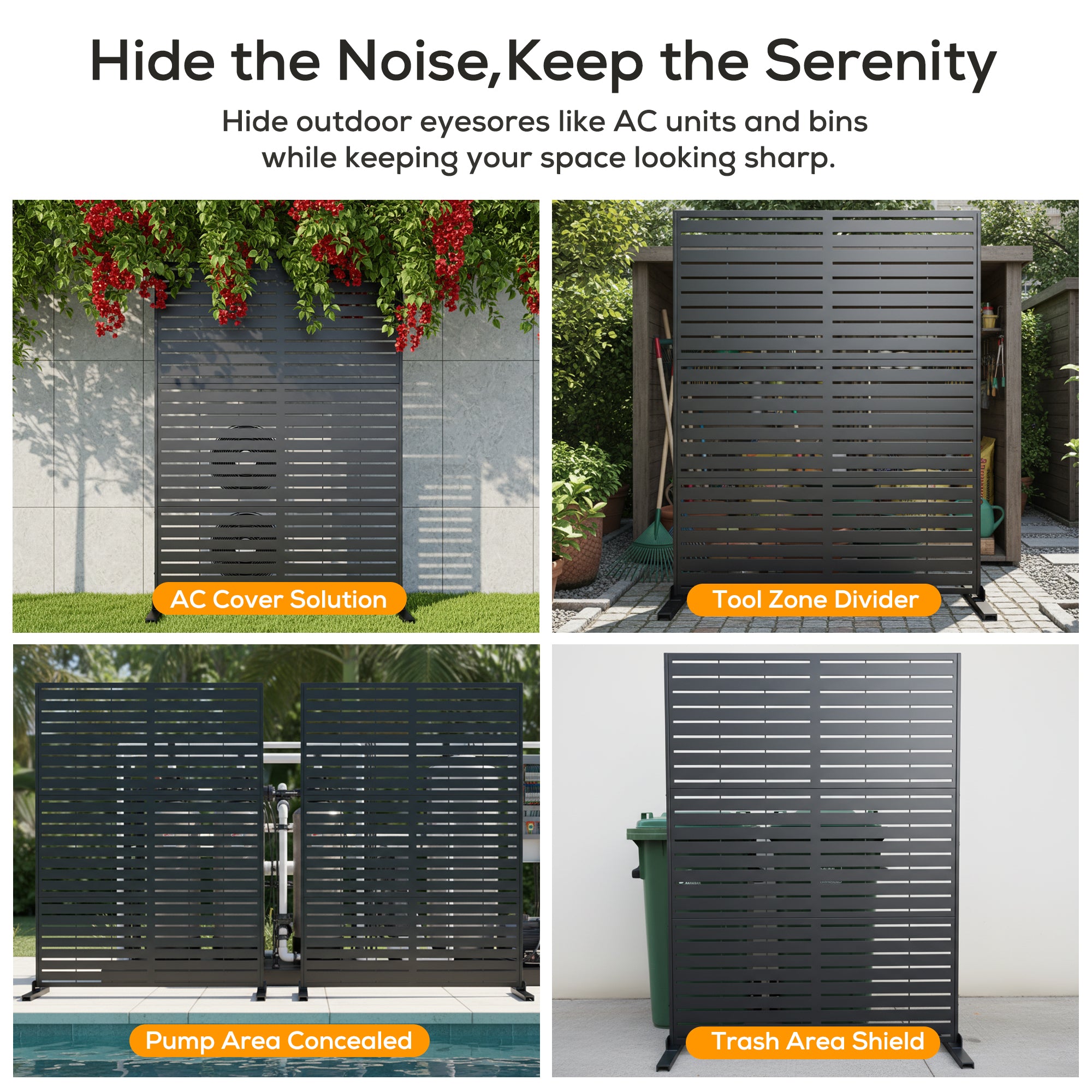 Product display with text 'Hide the Noise, Keep the Serenity' and images of outdoor covers and dividers.