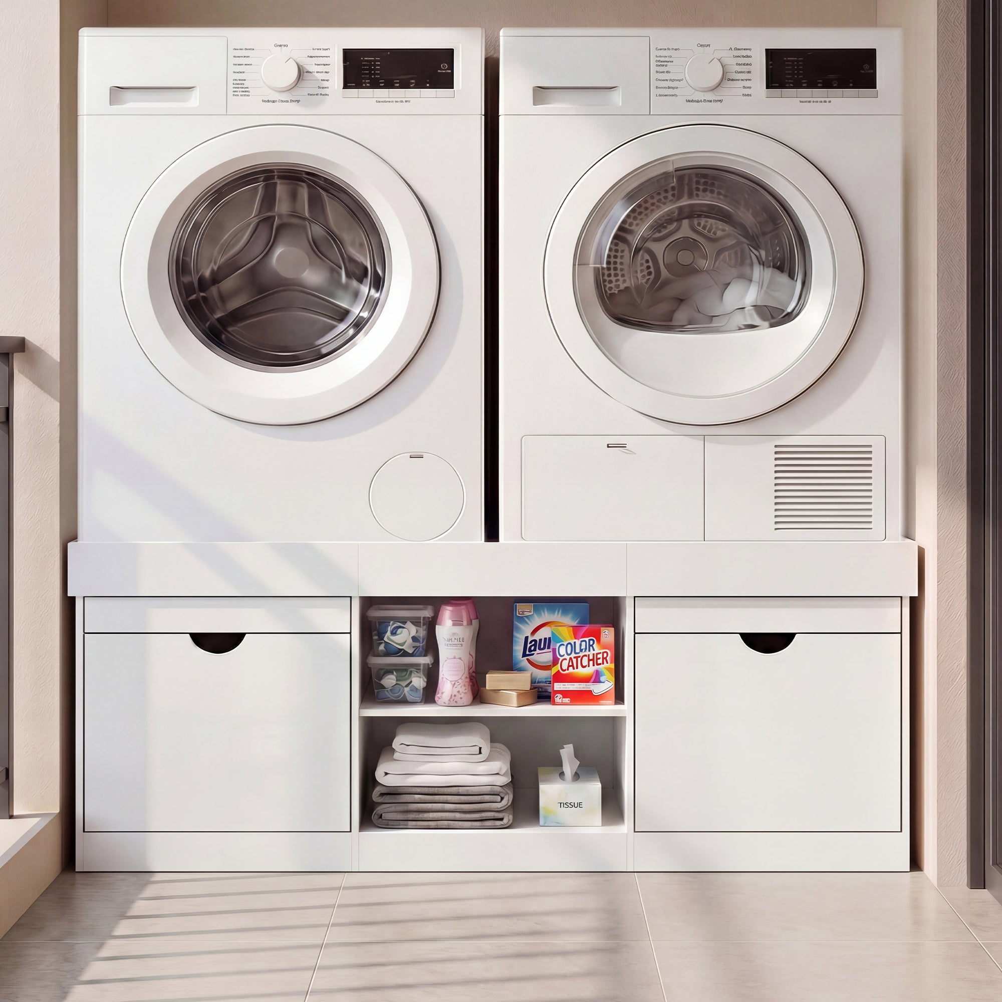 White washing machine and dryer with storage shelves in a laundry room.