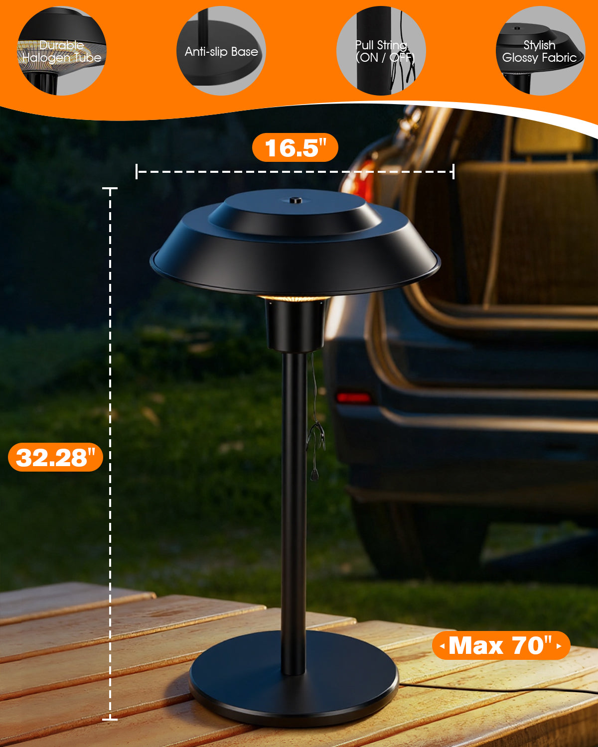 Black outdoor table lamp with measurements and features on an orange background
