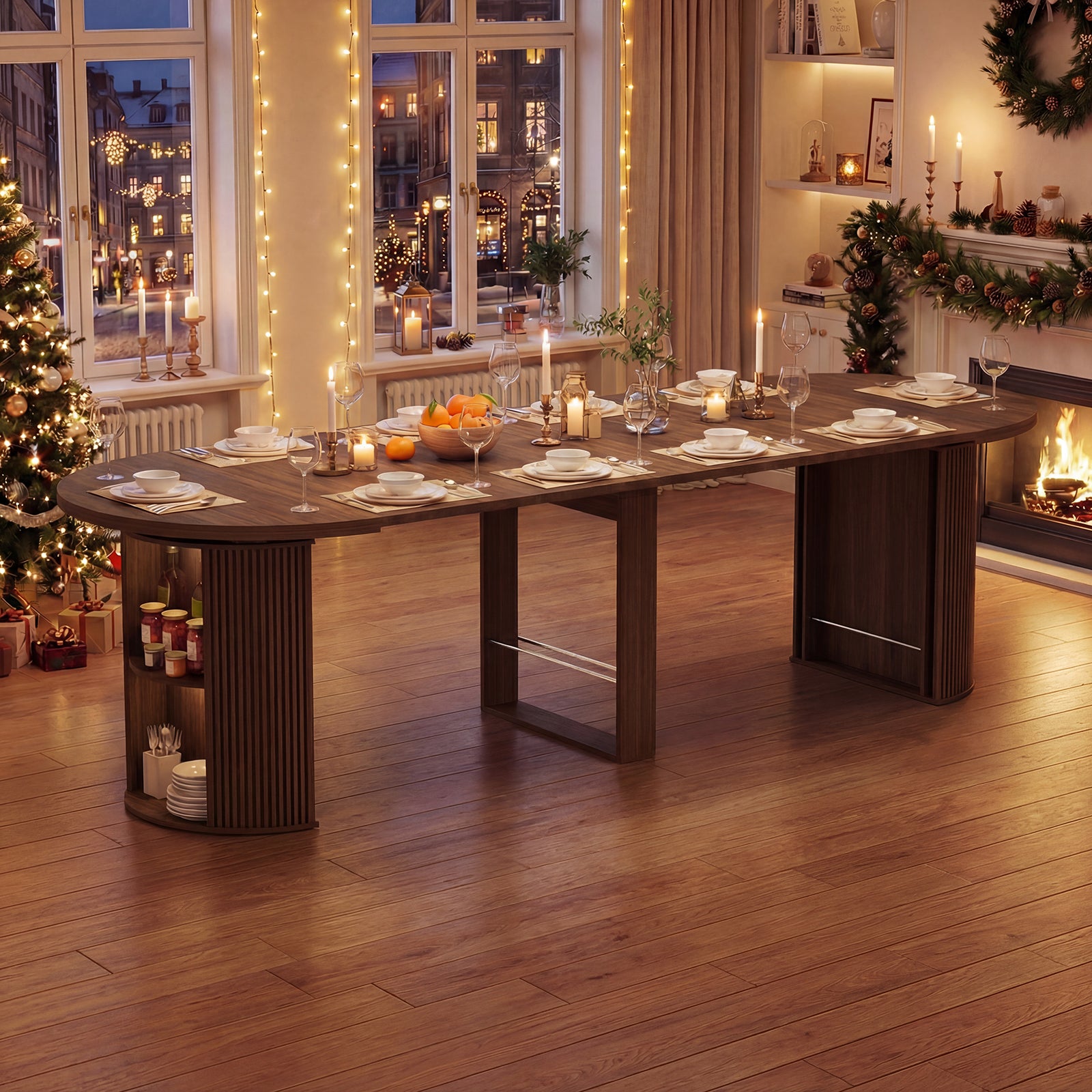 Dining table set for a meal in a cozy room with Christmas decorations and a fireplace.