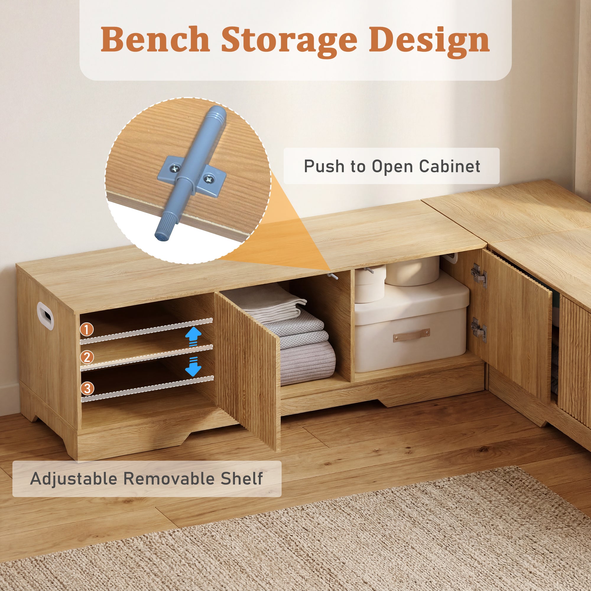Wooden bench with storage compartments and adjustable shelves, featuring push-to-open cabinet mechanism.