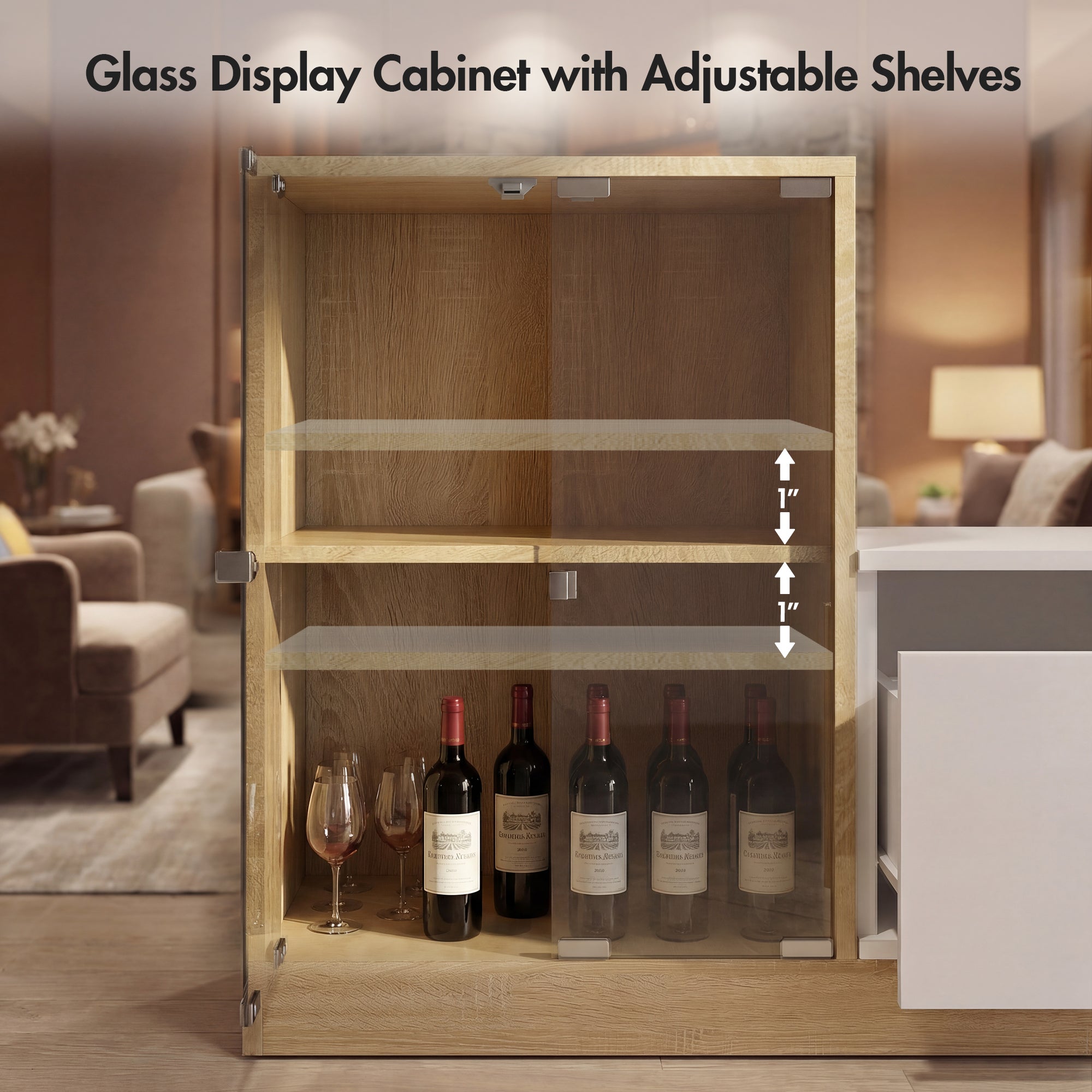 Glass display cabinet with adjustable shelves containing wine bottles and glasses in a living room setting.