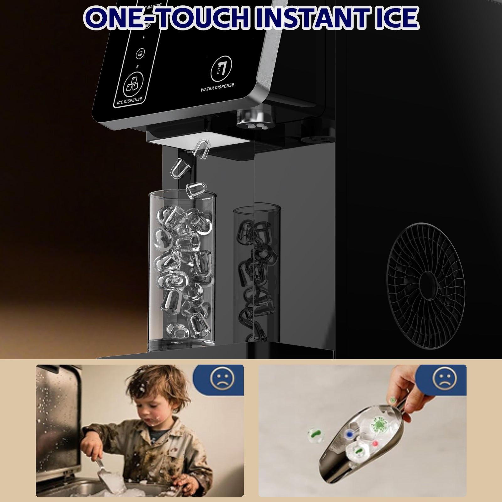 Ice maker with instant ice feature, child using dishwasher, and person using ice cream scoop.
