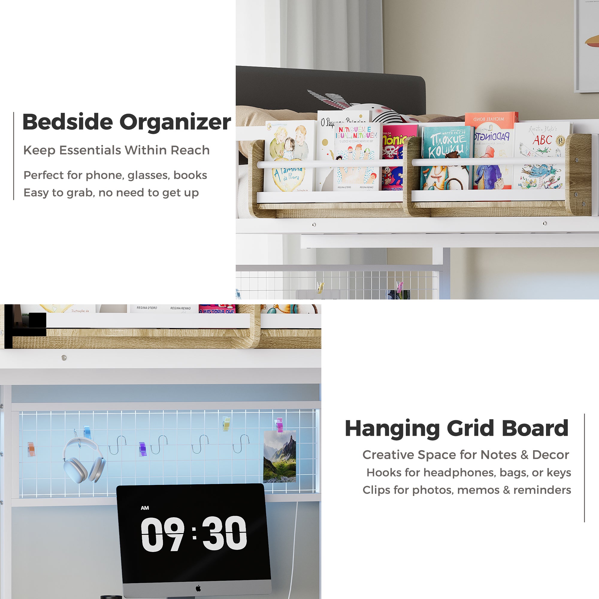 Bedside organizer with books and a hanging grid board with notes and decor.