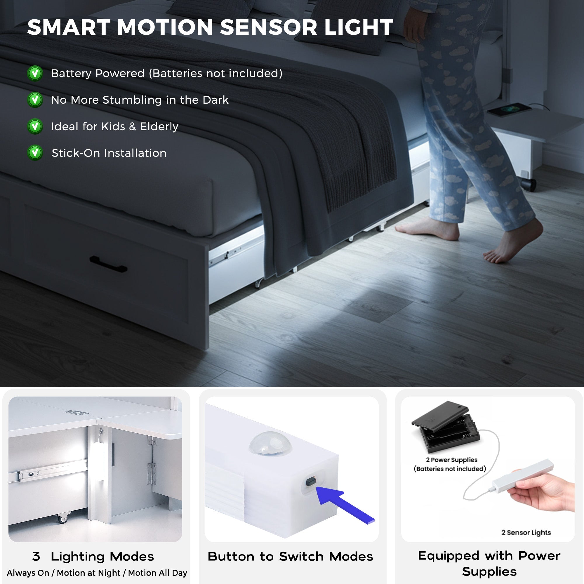 Smart motion sensor light being used in a bedroom setting with features highlighted.