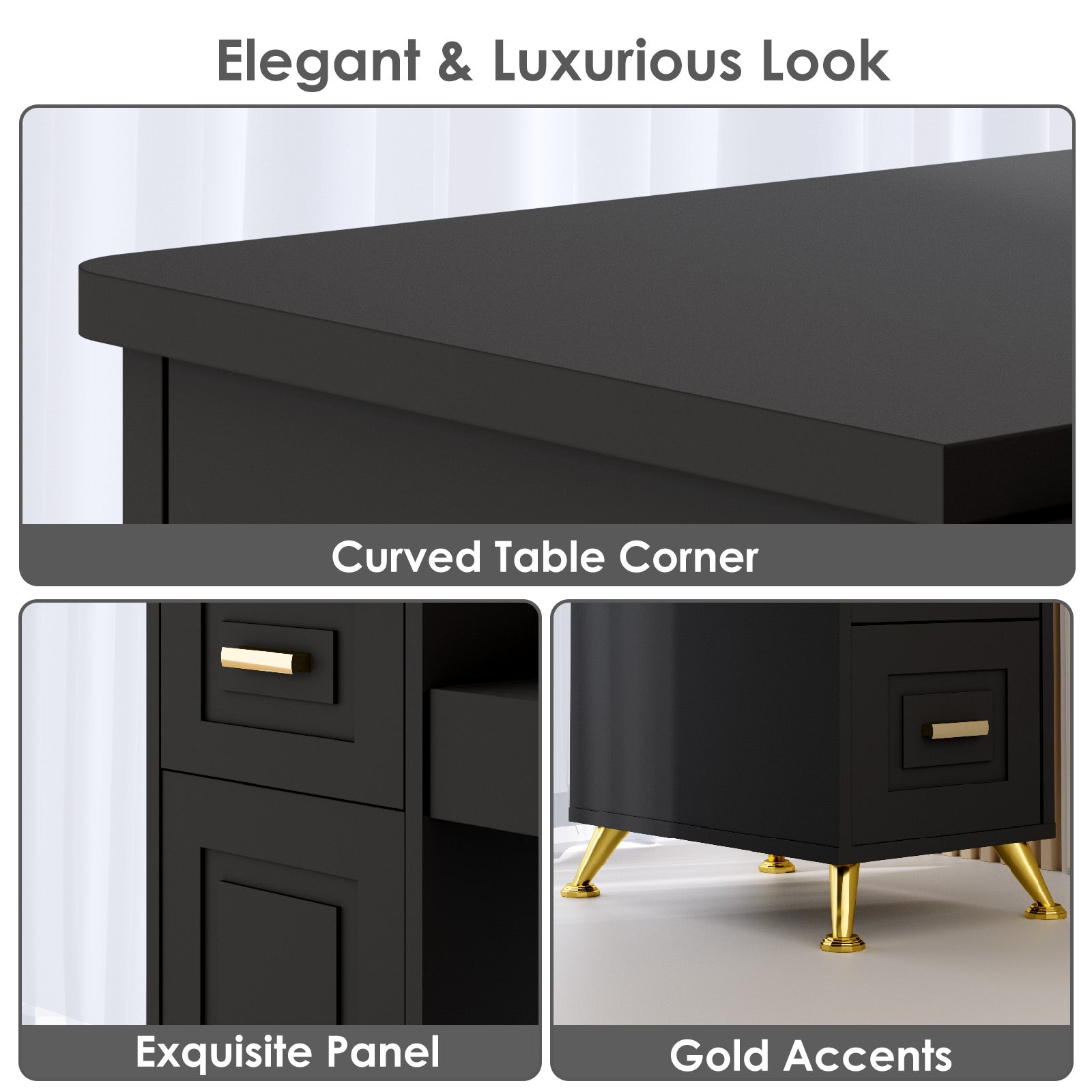 Black desk with gold accents, featuring curved corners and exquisite panel design.