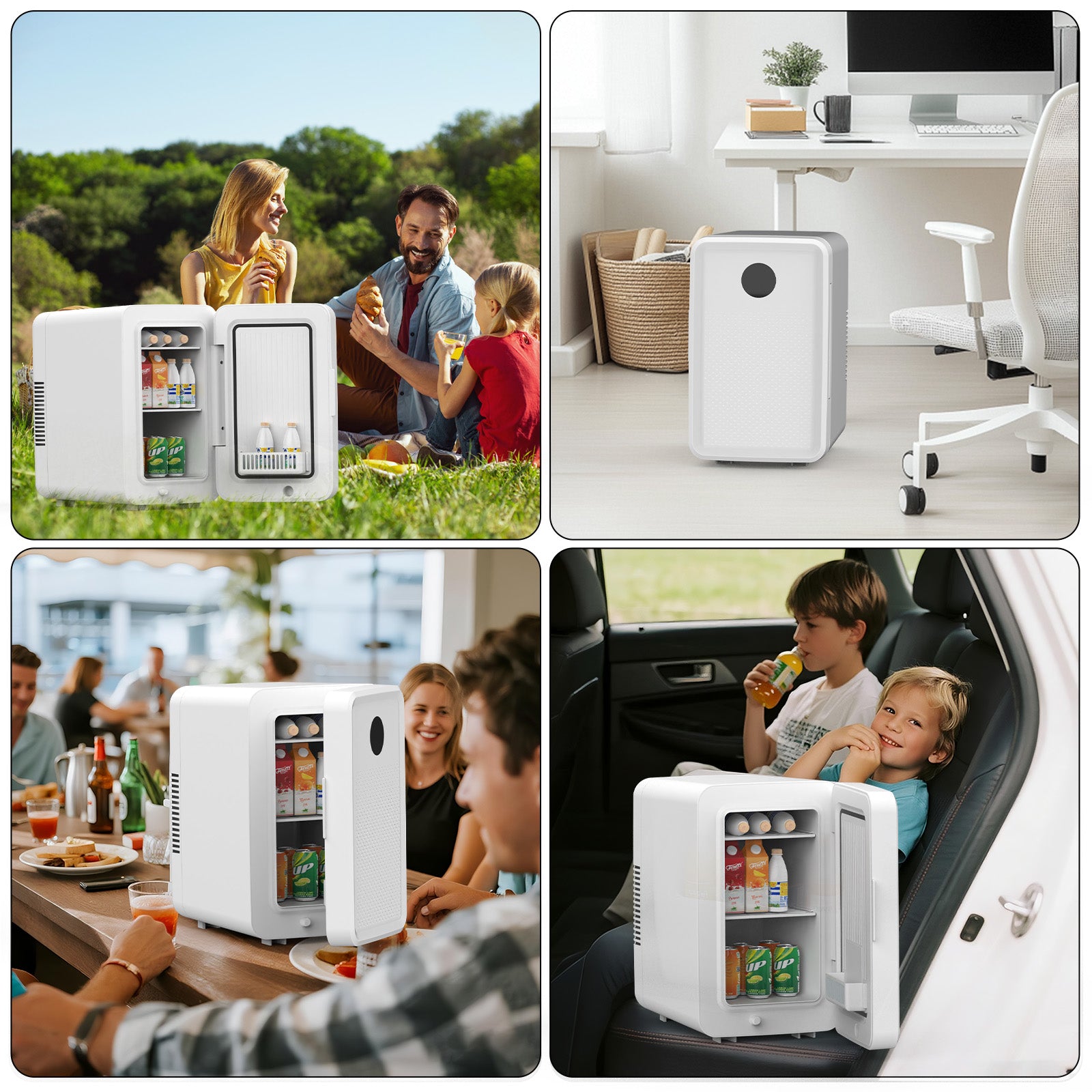 Collage of a white portable refrigerator in various settings with people using it.