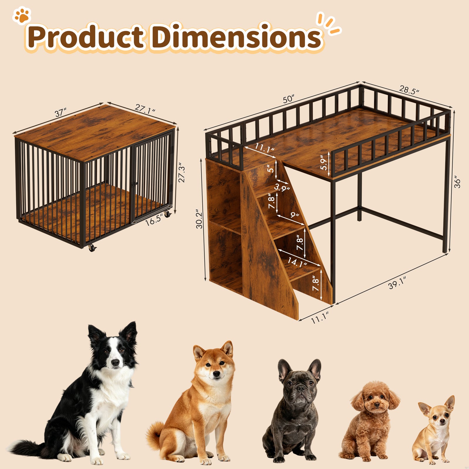 Advwin 37" Loft-Style Dog Crate with Storage Shelves