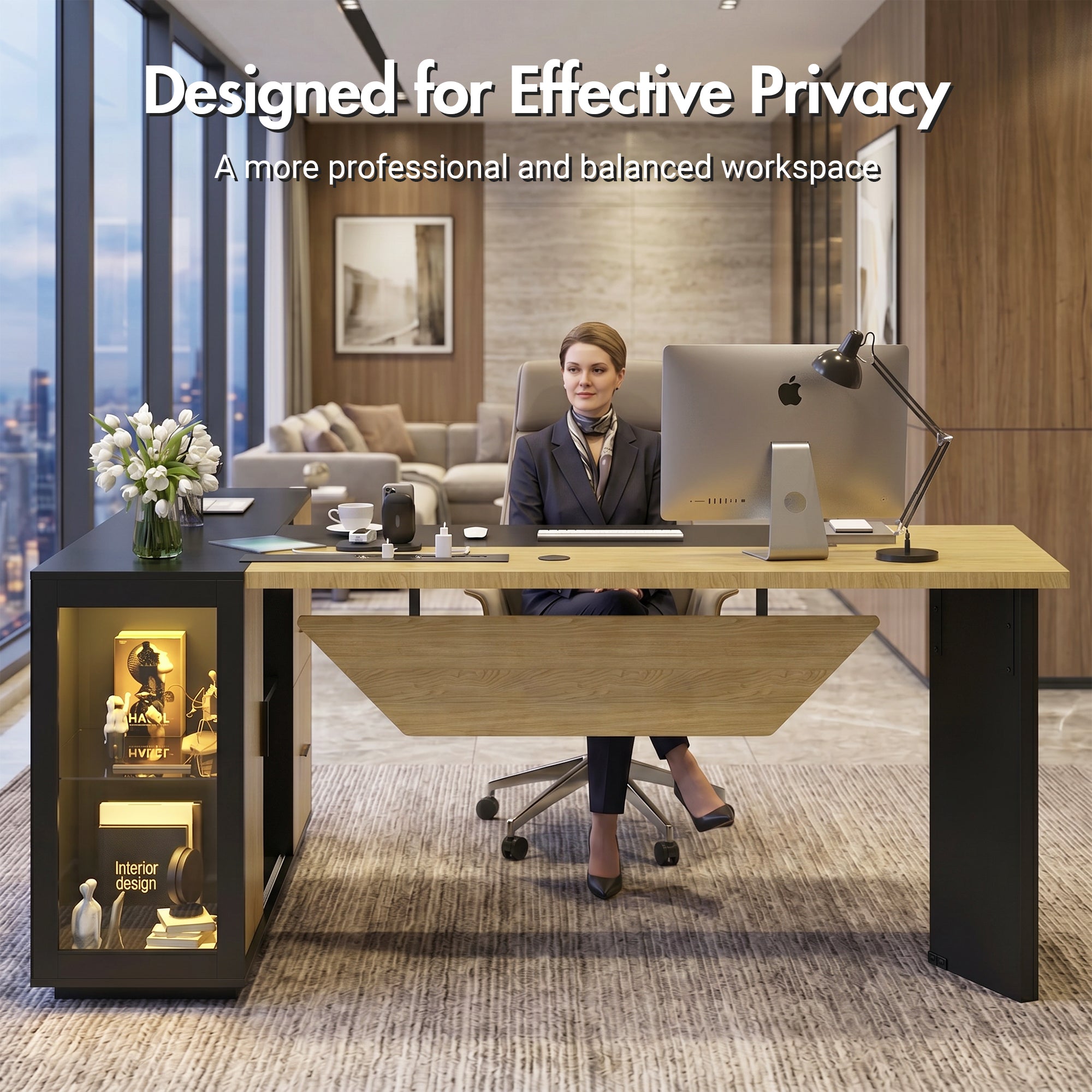 Advwin L-Shaped Executive Desk w/ Glass Display Cabinet