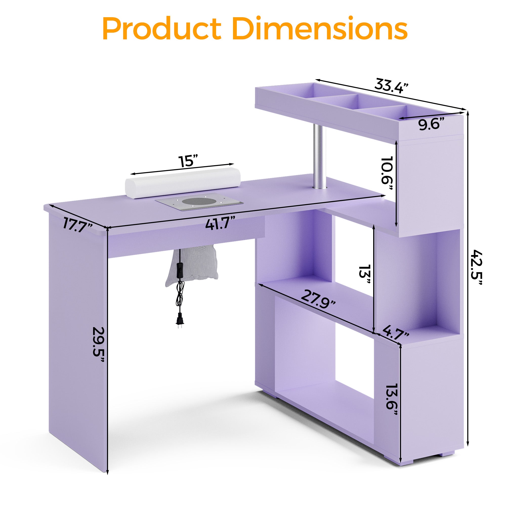 Advwin L-Shaped Rotating Nail Desk with Dust Collector Purple
