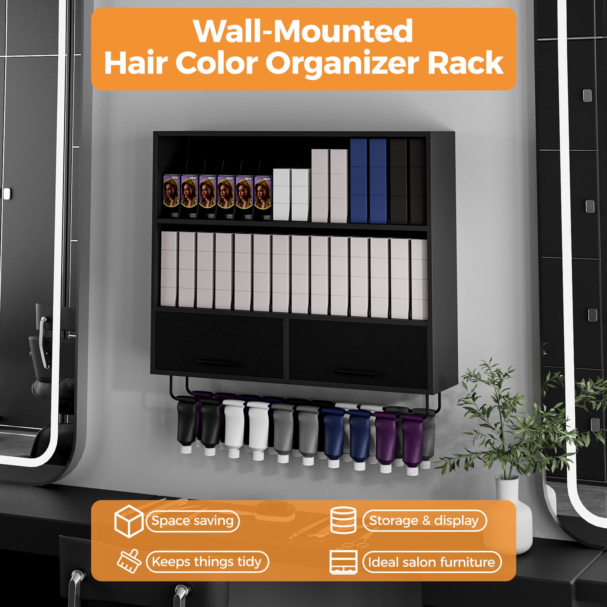 Wall-mounted hair color organizer rack with hair dye bottles in a salon setting