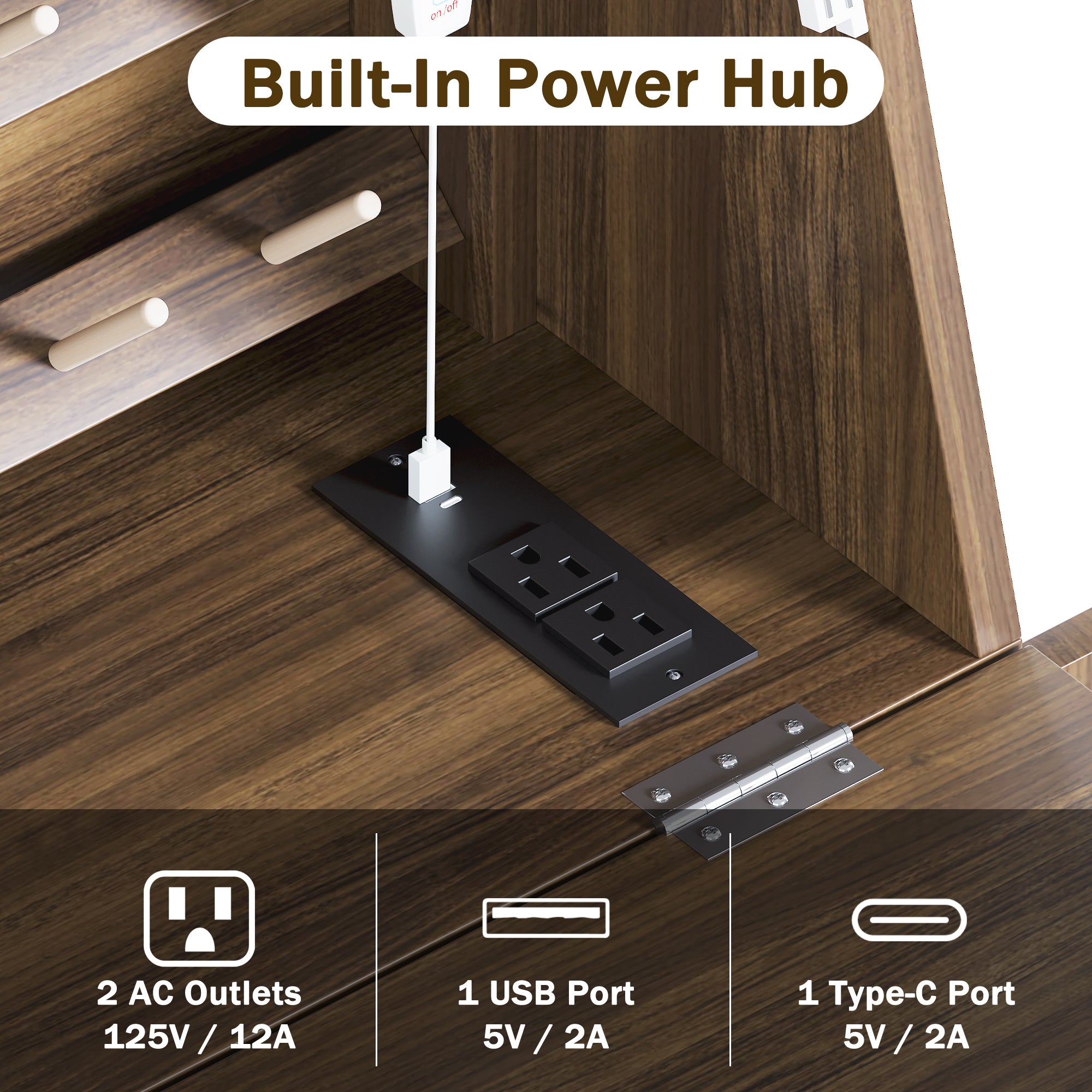 Wooden desk with built-in power hub featuring AC outlets, USB port, and Type-C port.