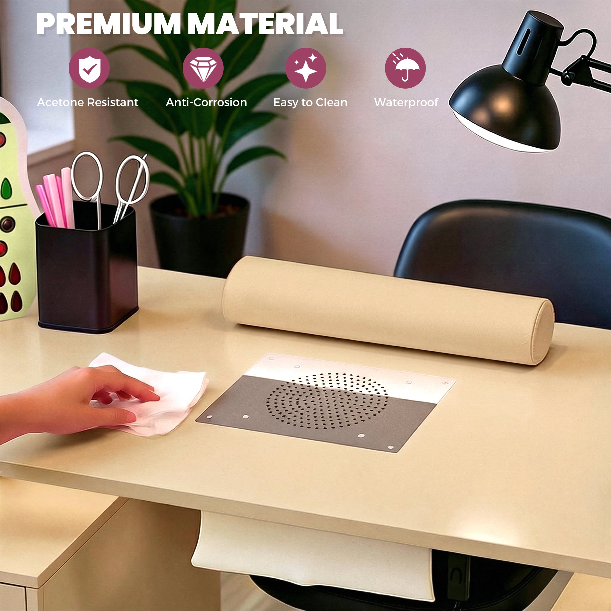 Advwin Nail Table w/ Dust Collector & Lockable Wheels Gold