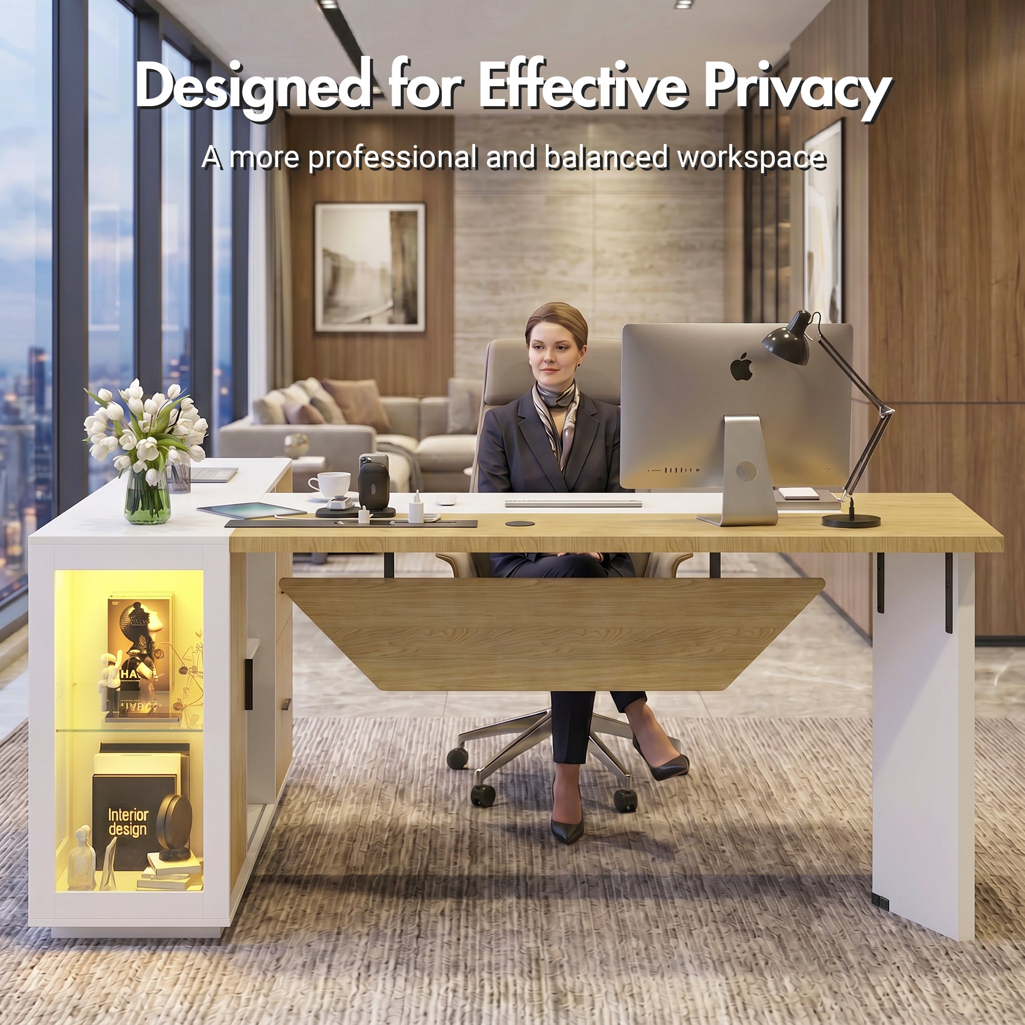 Advwin L-Shaped Executive Desk w/ Glass Display Cabinet