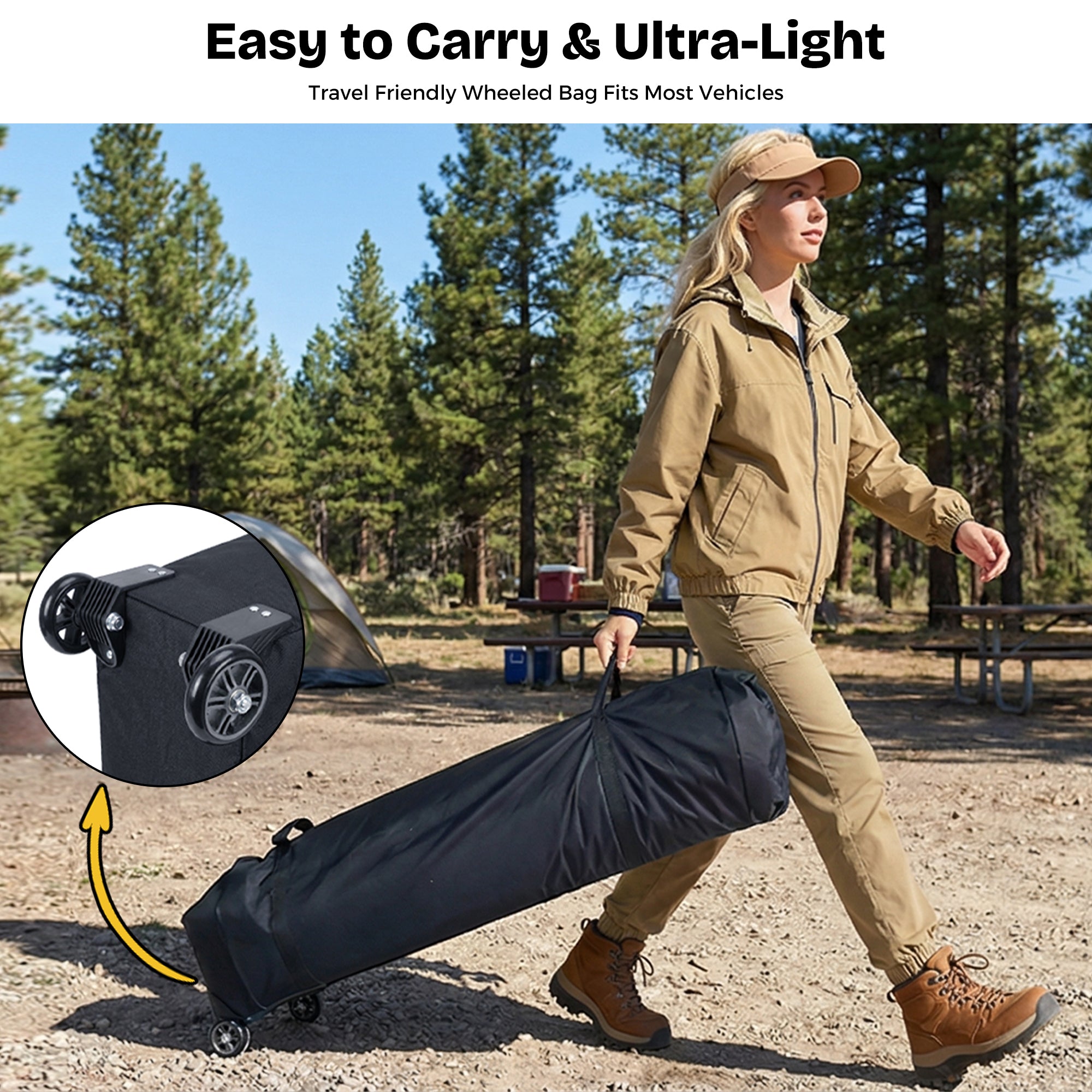 Person pulling a large black wheeled bag through a forested area with text about the bag's features.