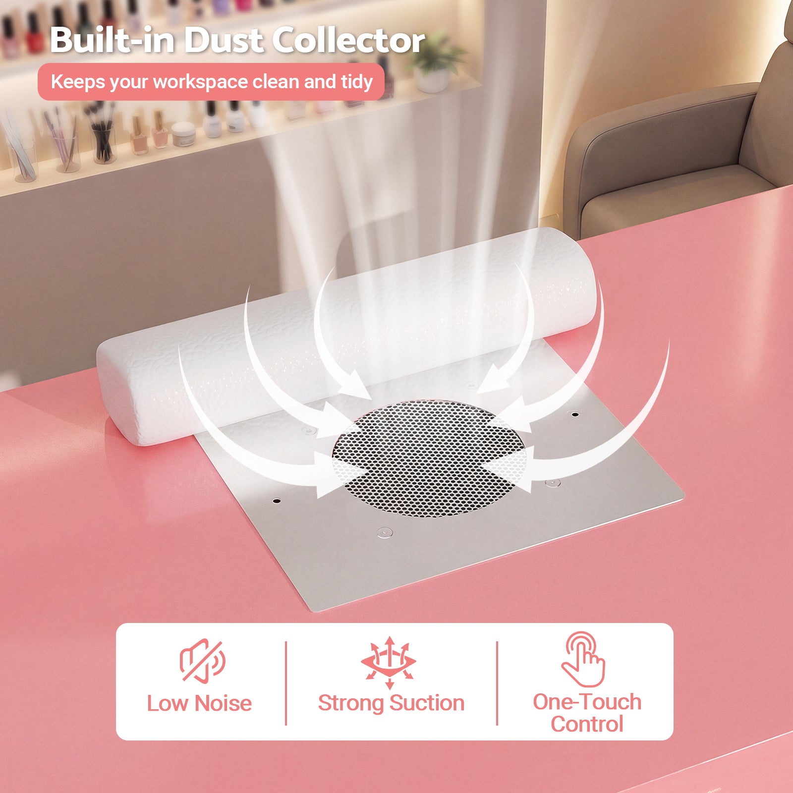 Tabletop air purifier with dust collector on a pink table, featuring text and icons about its features.