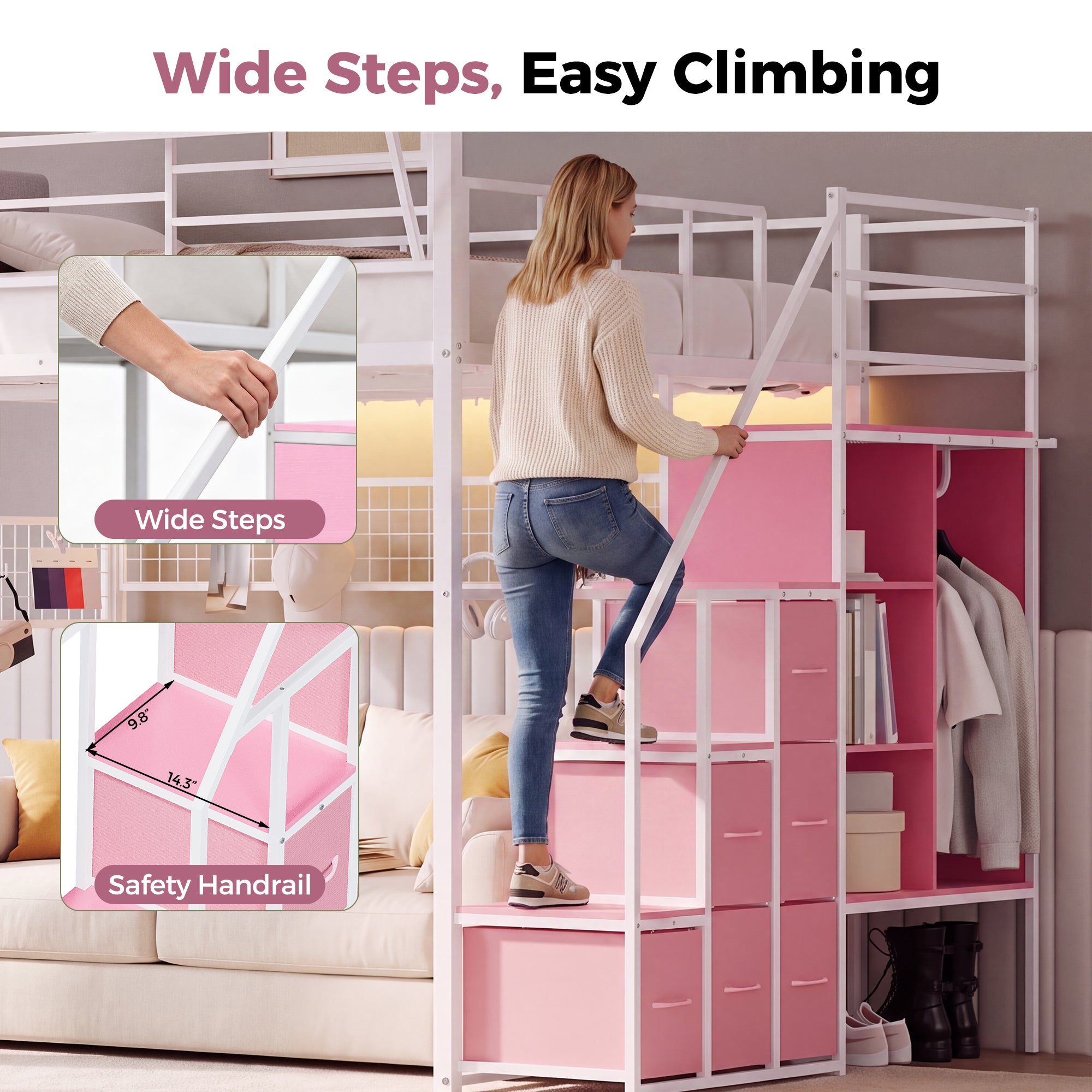 Advwin Loft Bed w/ Stairs, Storage and LED Light