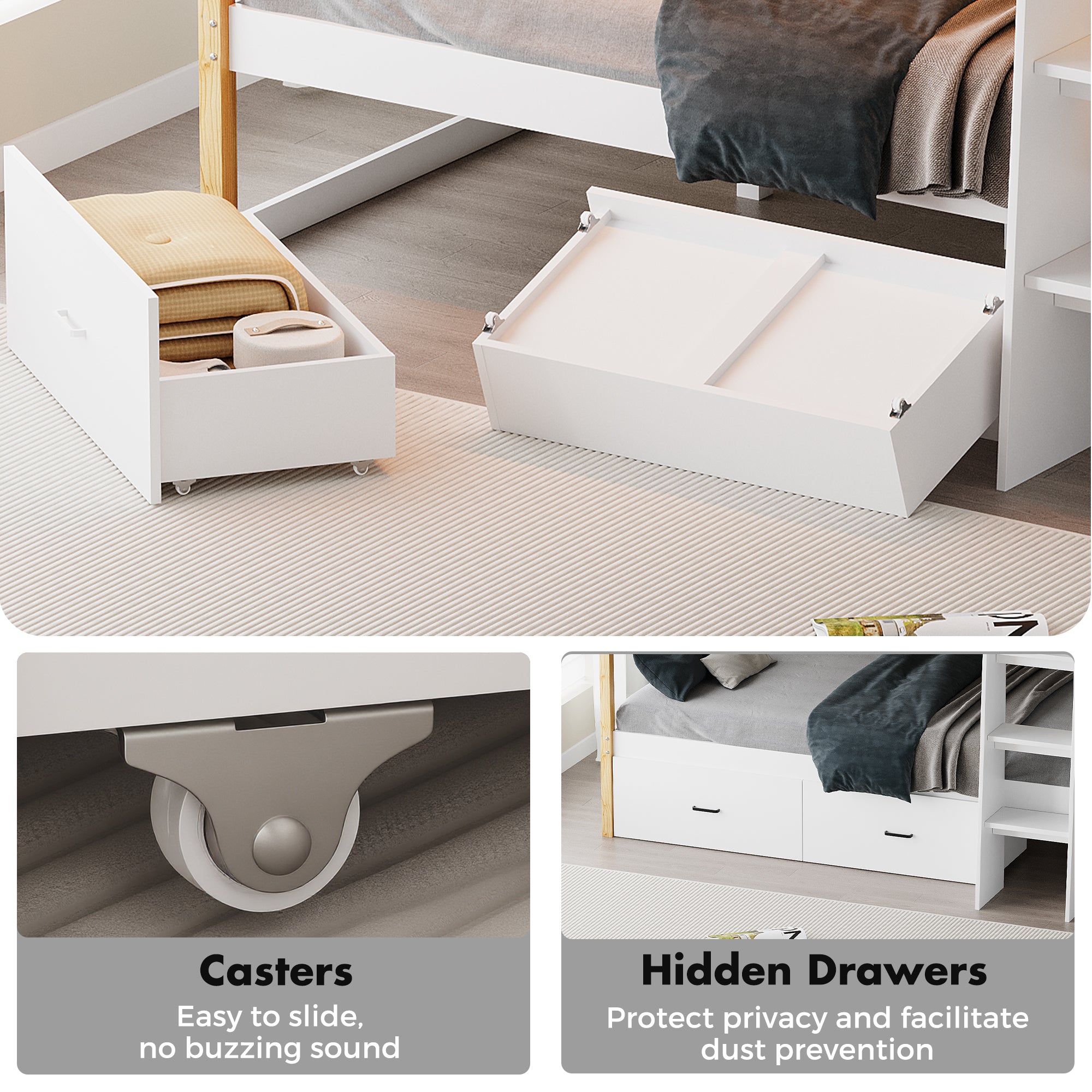 Advwin Solid Wood Bunk Bed with Desk & LED Lights