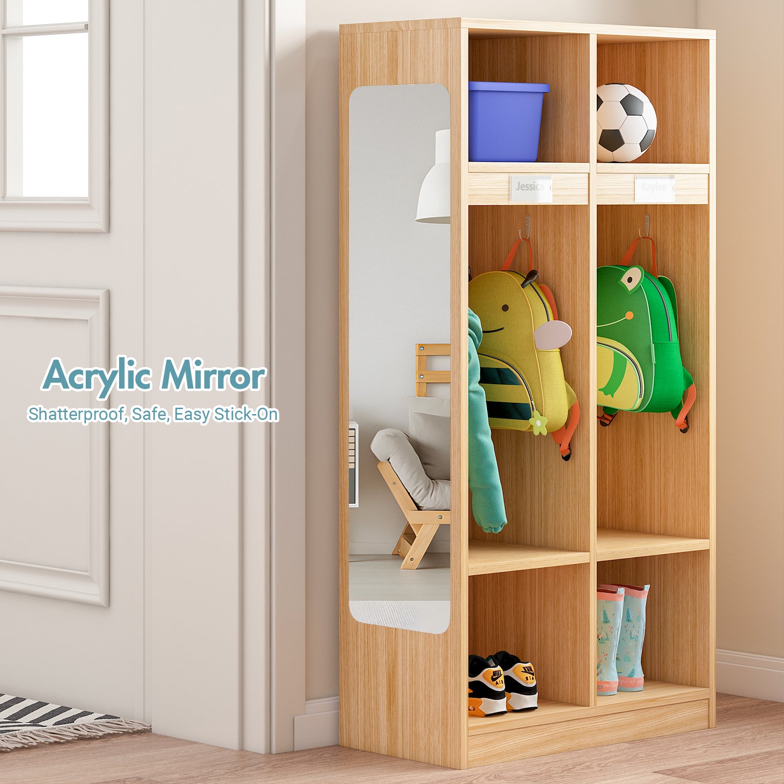 Wooden locker with shelves and a mirror, featuring children's items like backpacks and shoes.