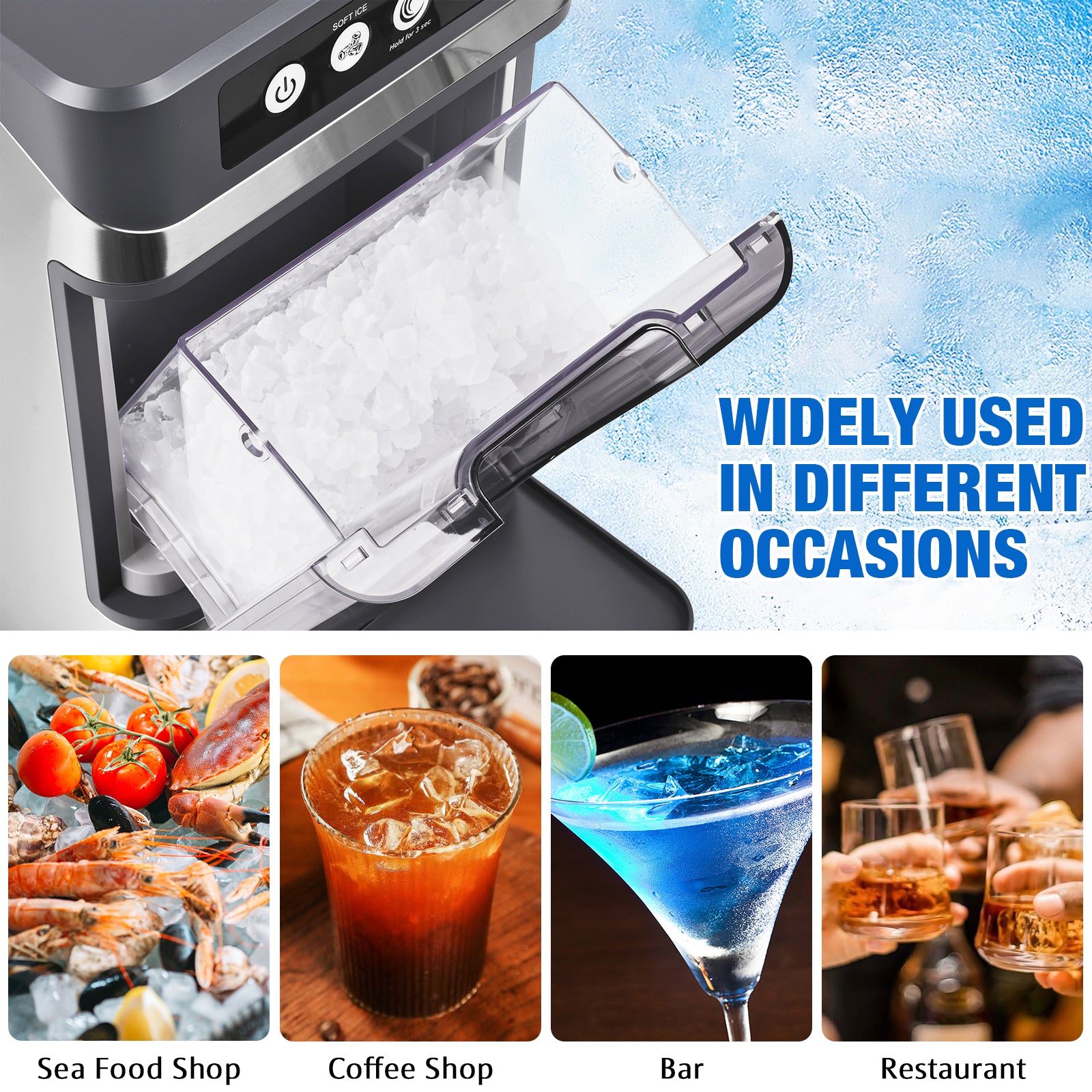 Ice maker with images of food and drinks, text 'Widely used in different occasions'.