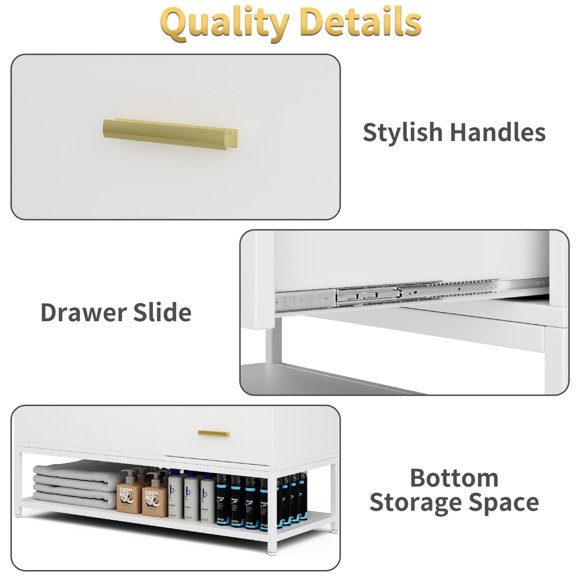 Product features including stylish handles, drawer slide, and bottom storage space on a white background.
