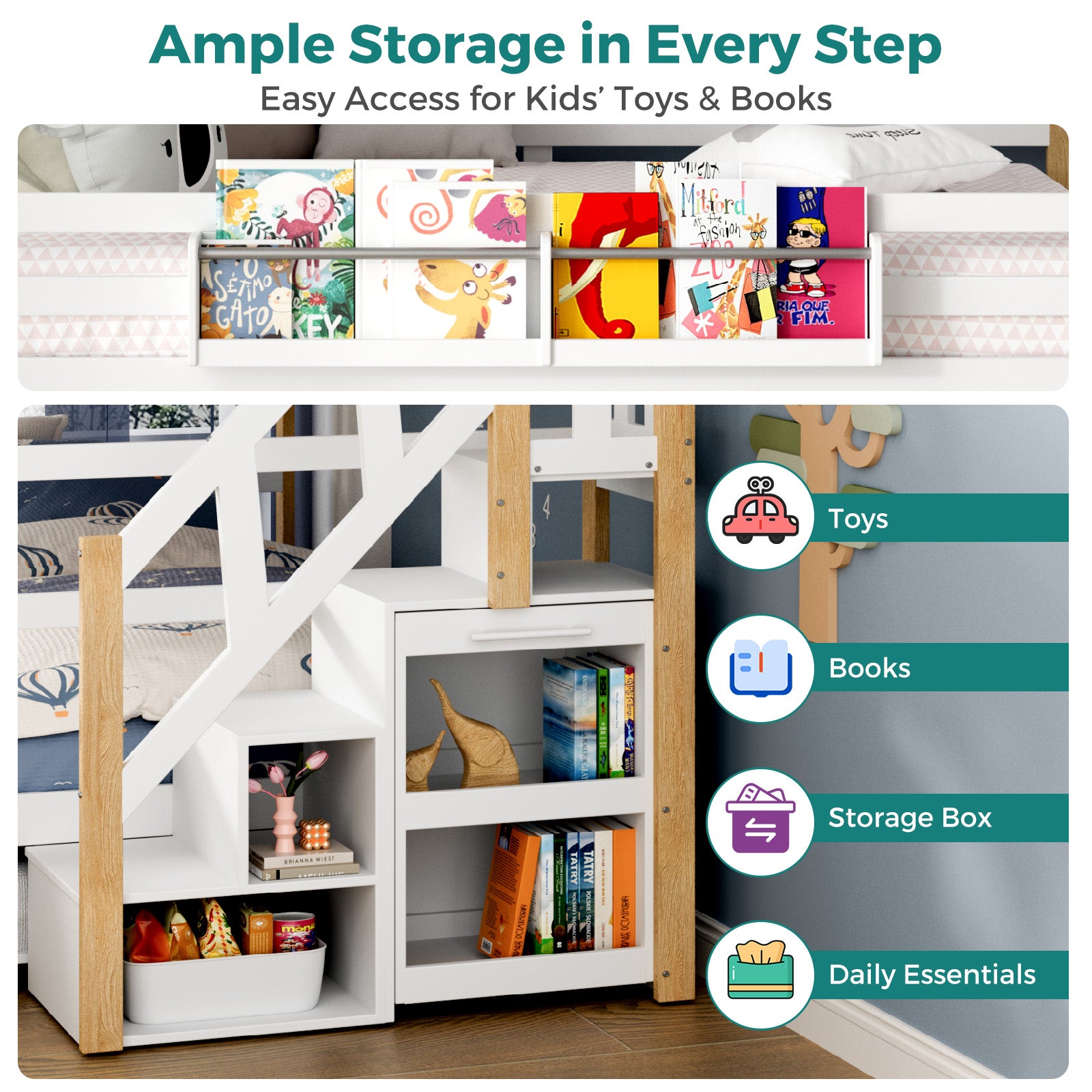 Children's storage unit with books and toys, labeled for easy access.