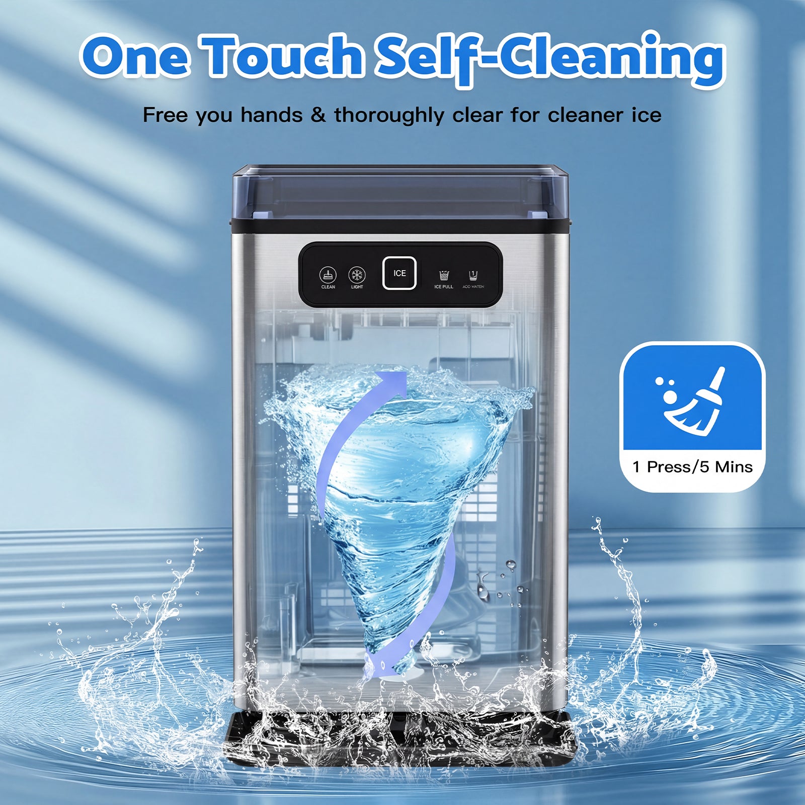 Ice machine with water splashes and text about self-cleaning feature on a blue background