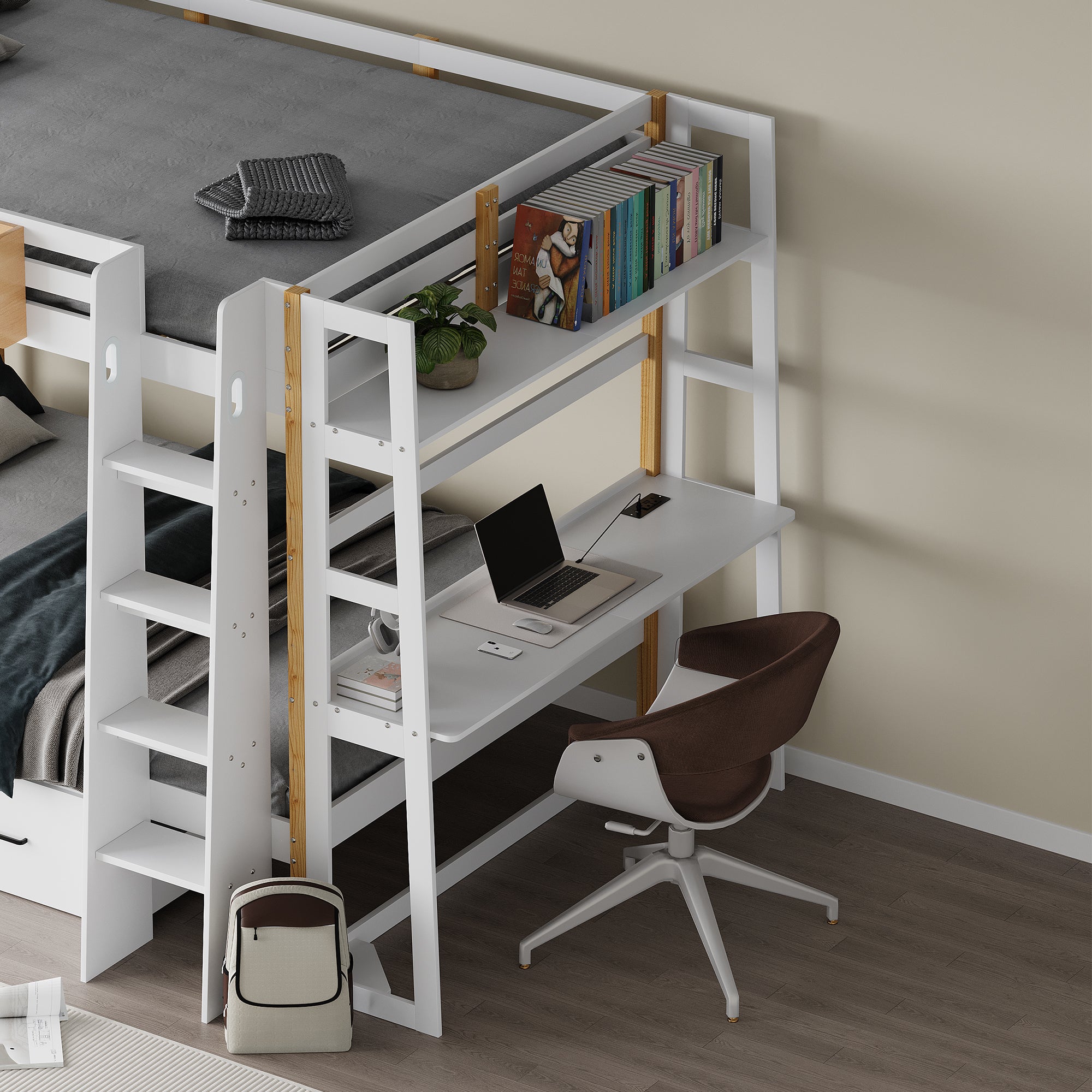 Advwin Solid Wood Bunk Bed with Desk & LED Lights