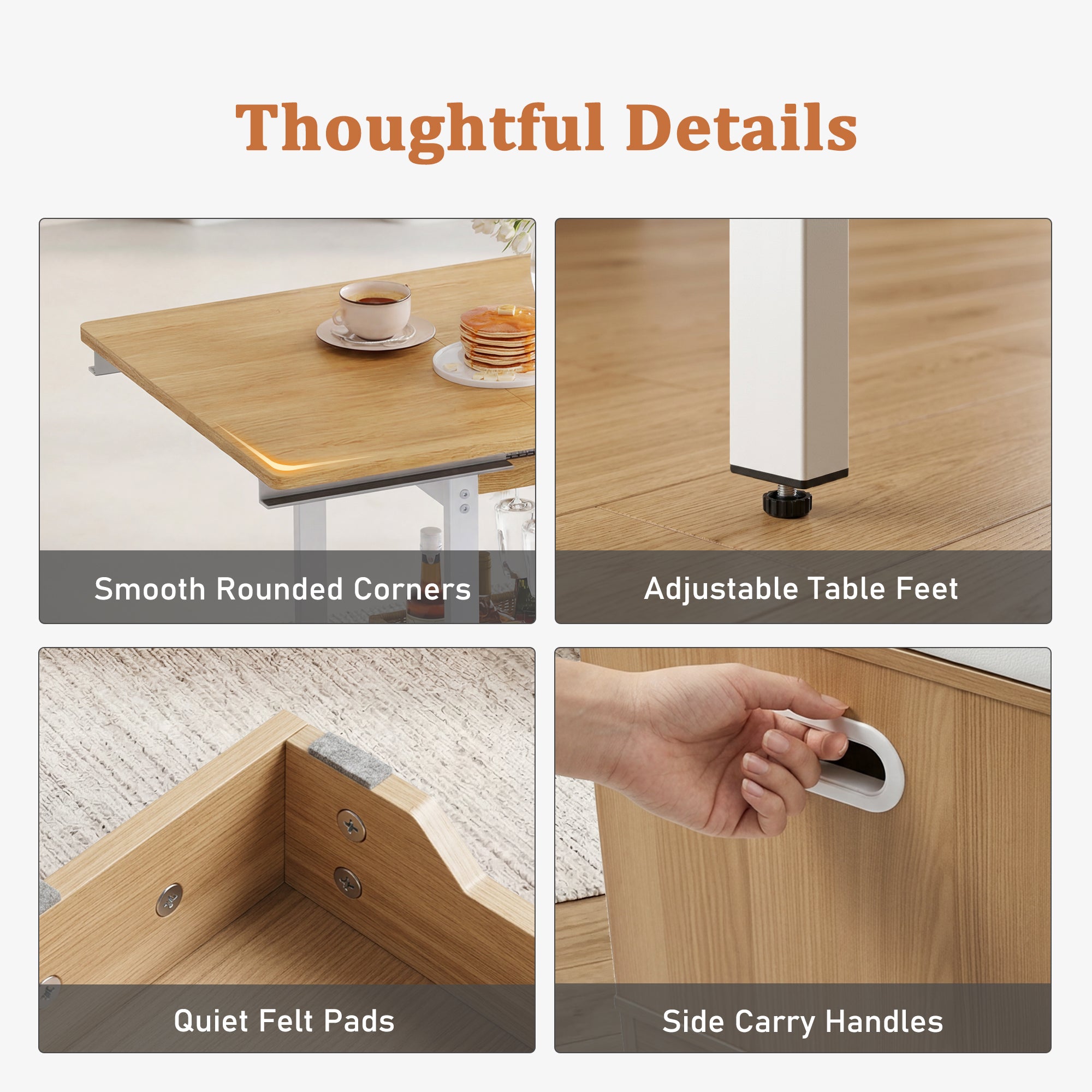 Wooden table with features highlighted including smooth rounded corners, adjustable feet, quiet felt pads, and side carry handles.