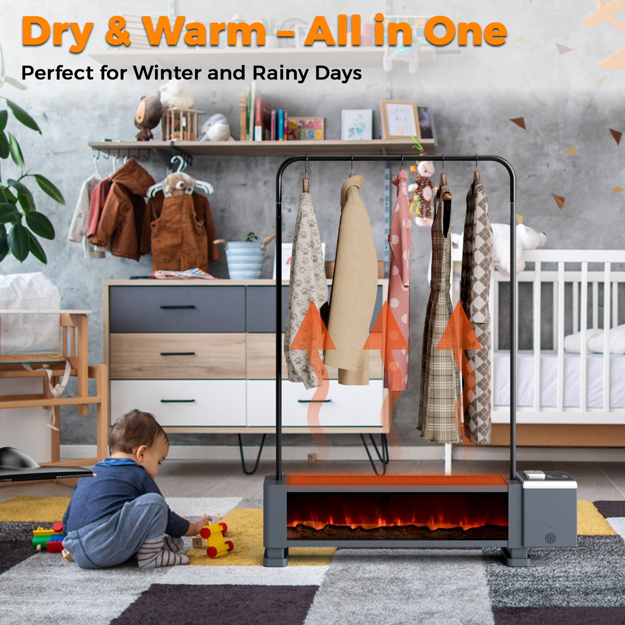 Room with a standing heater, clothes rack, and child playing on the floor.