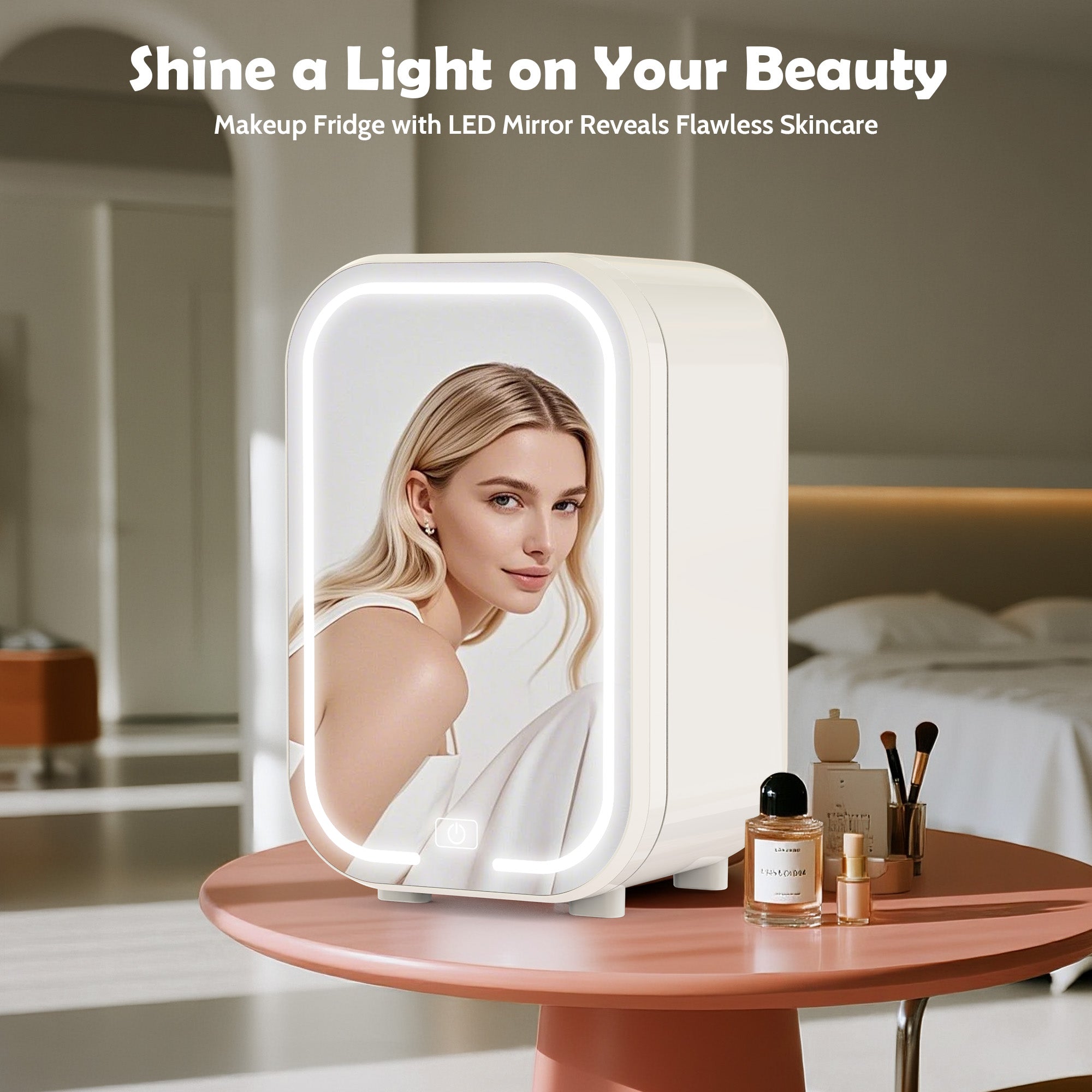 Makeup fridge with LED mirror on a table in a bedroom setting