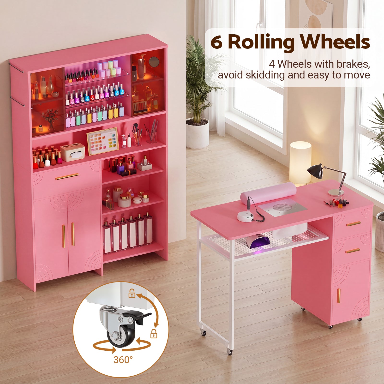 Advwin Nail Table w/ Double Tabletop & 3 Adjustable Shelves