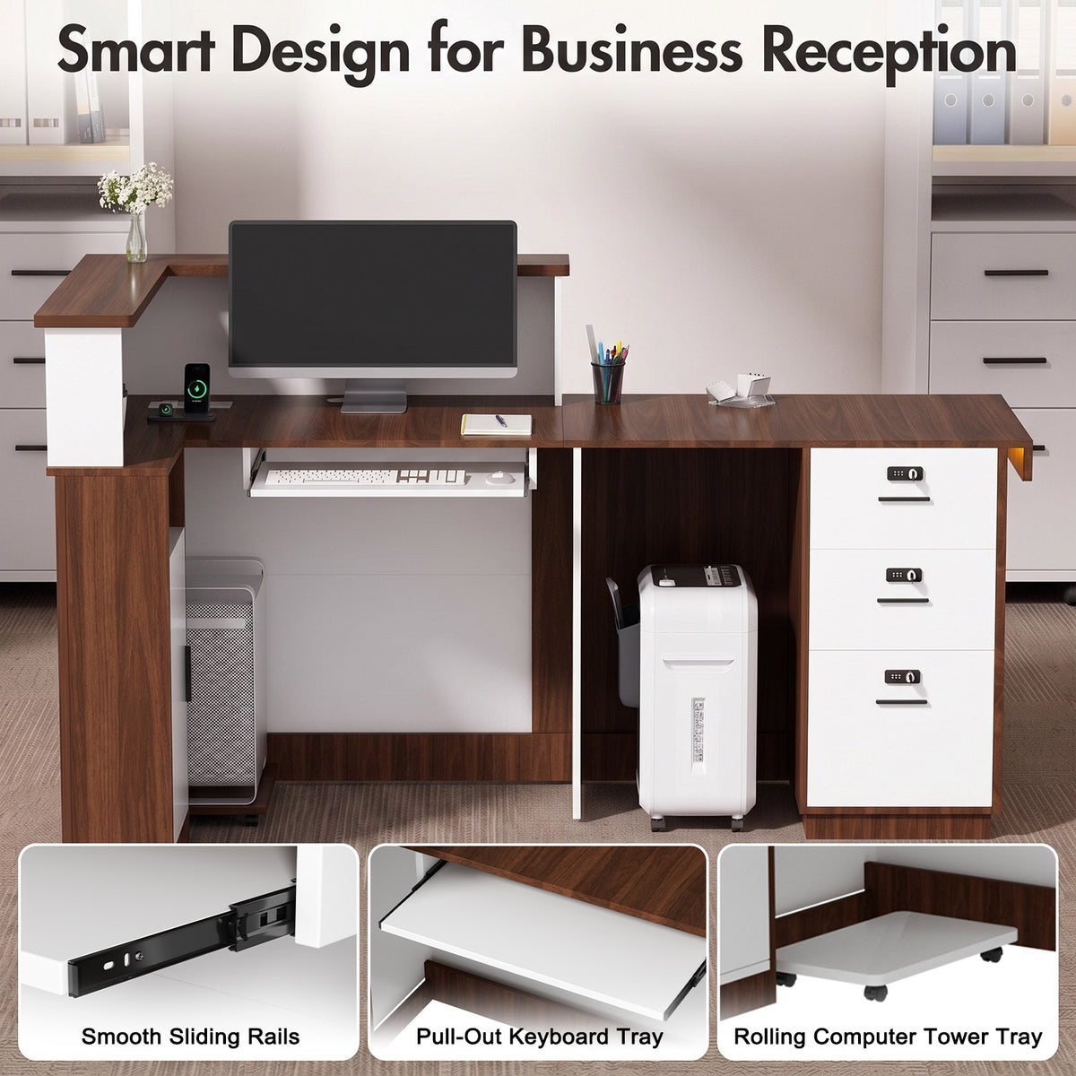 Advwin L-Shape Fluted Reception Desk w/ Counter & LED