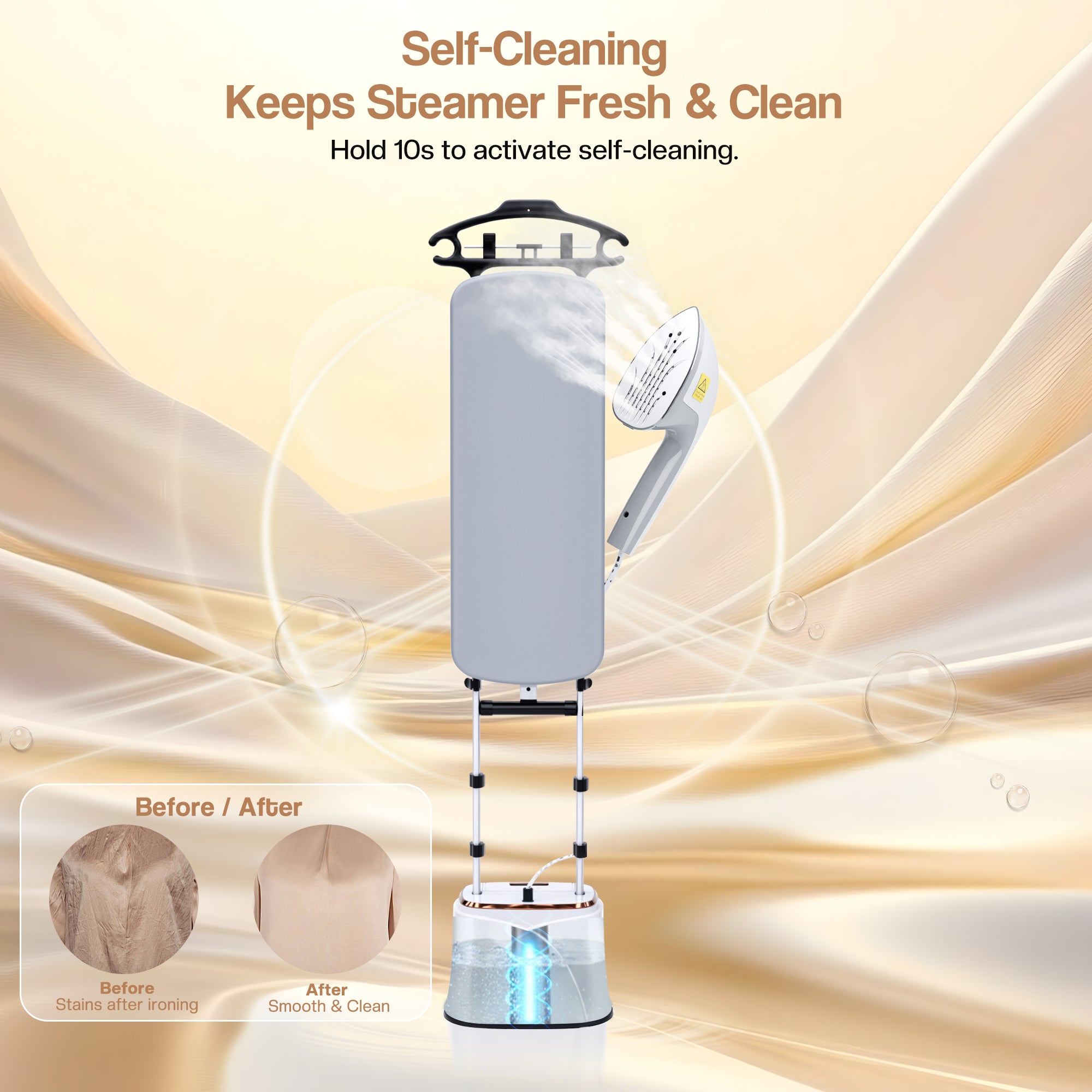 Steamer with self-cleaning feature on a beige background