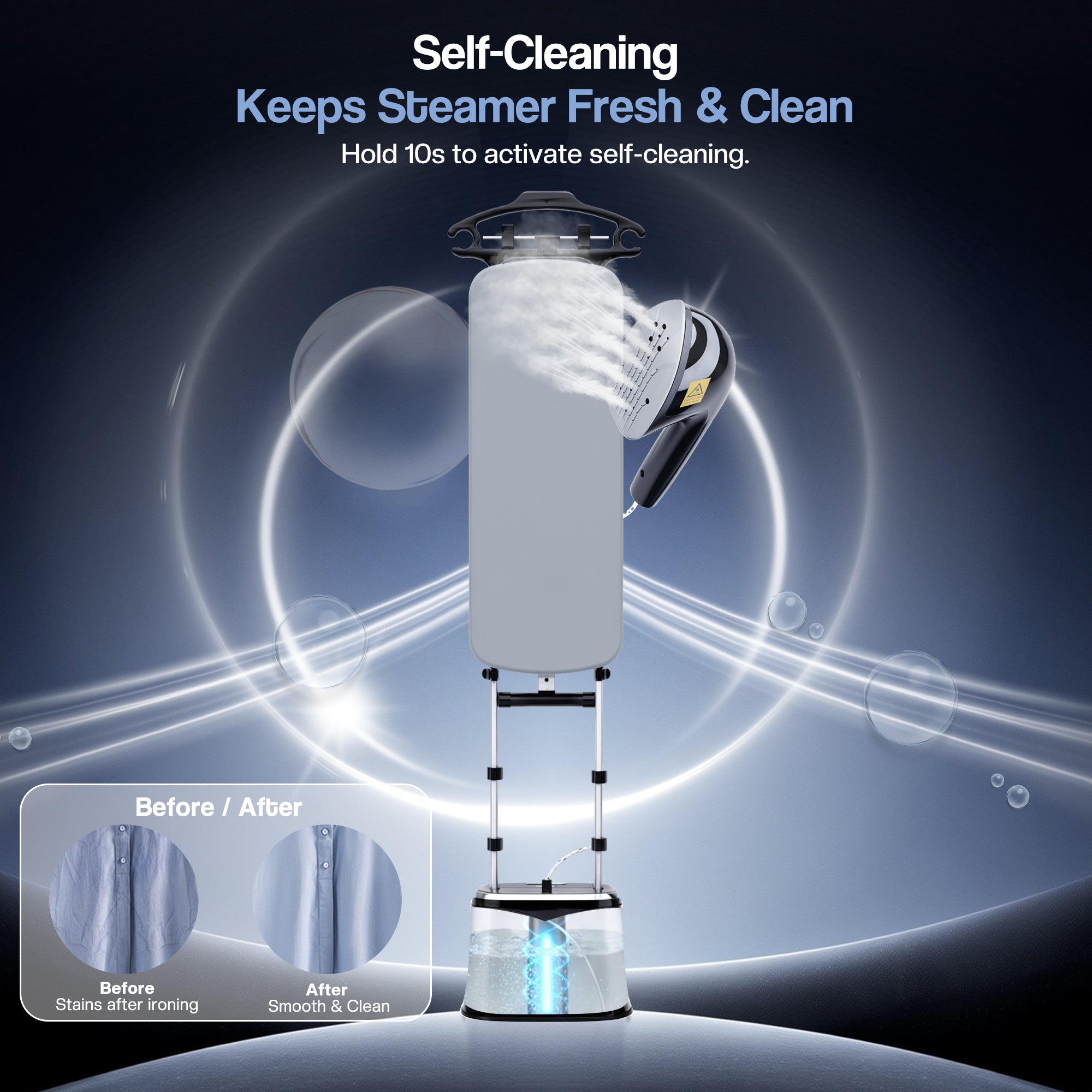 Steamer with self-cleaning feature on a dark background