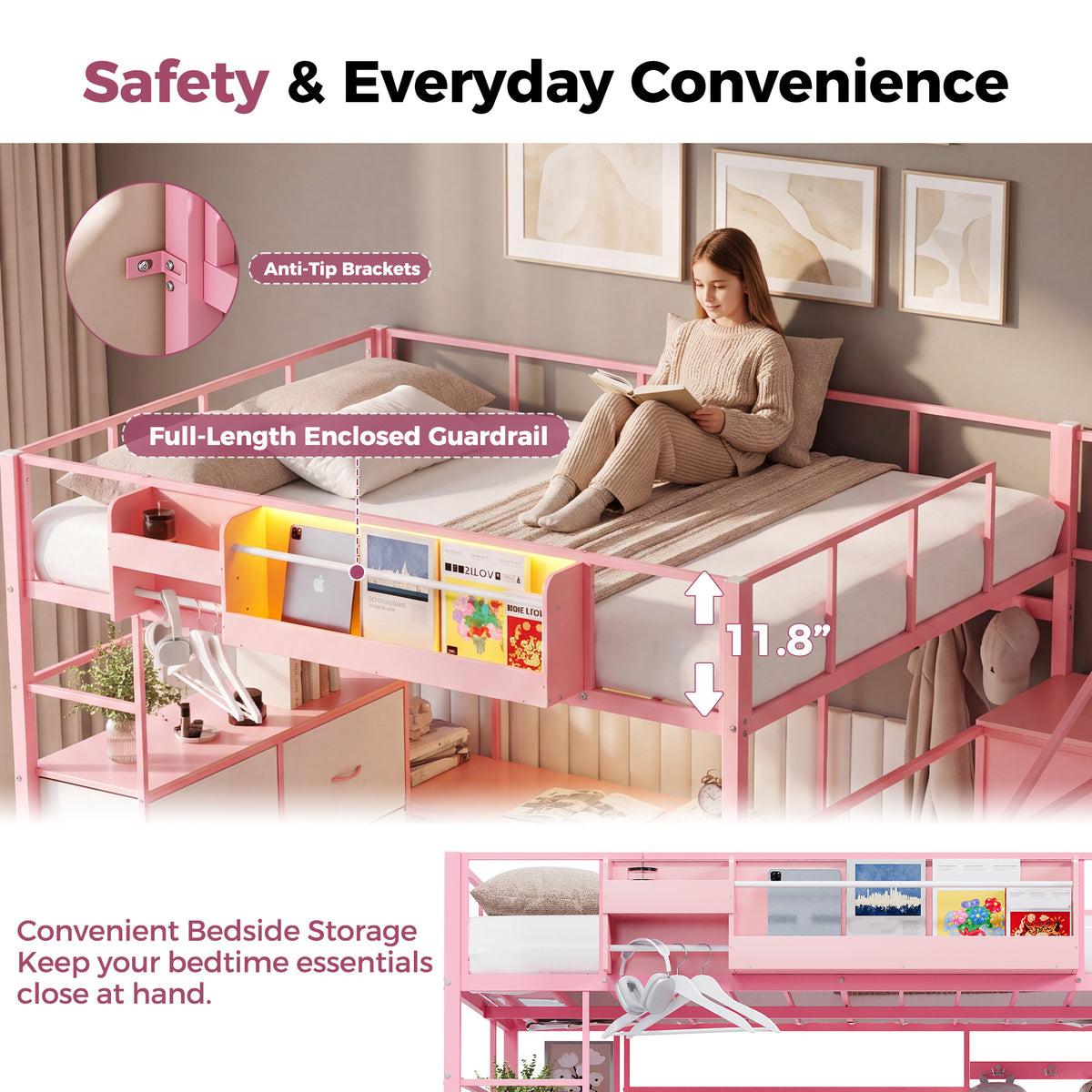 Advwin Loft Bed w/ Storage Stairs & 6-Drawer Dresser
