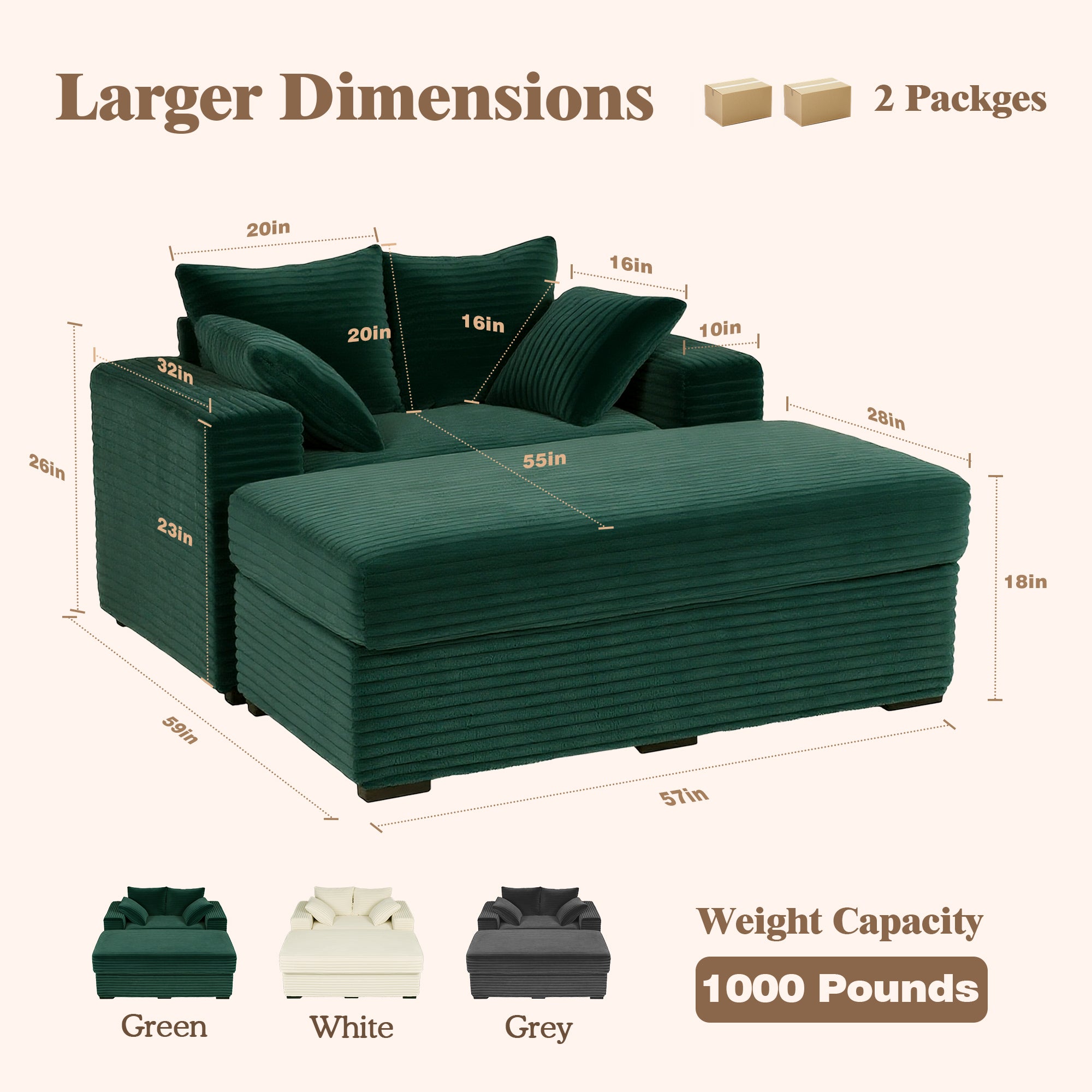 Advwin Chaise Lounge with Storage Ottoman Wide-Rib