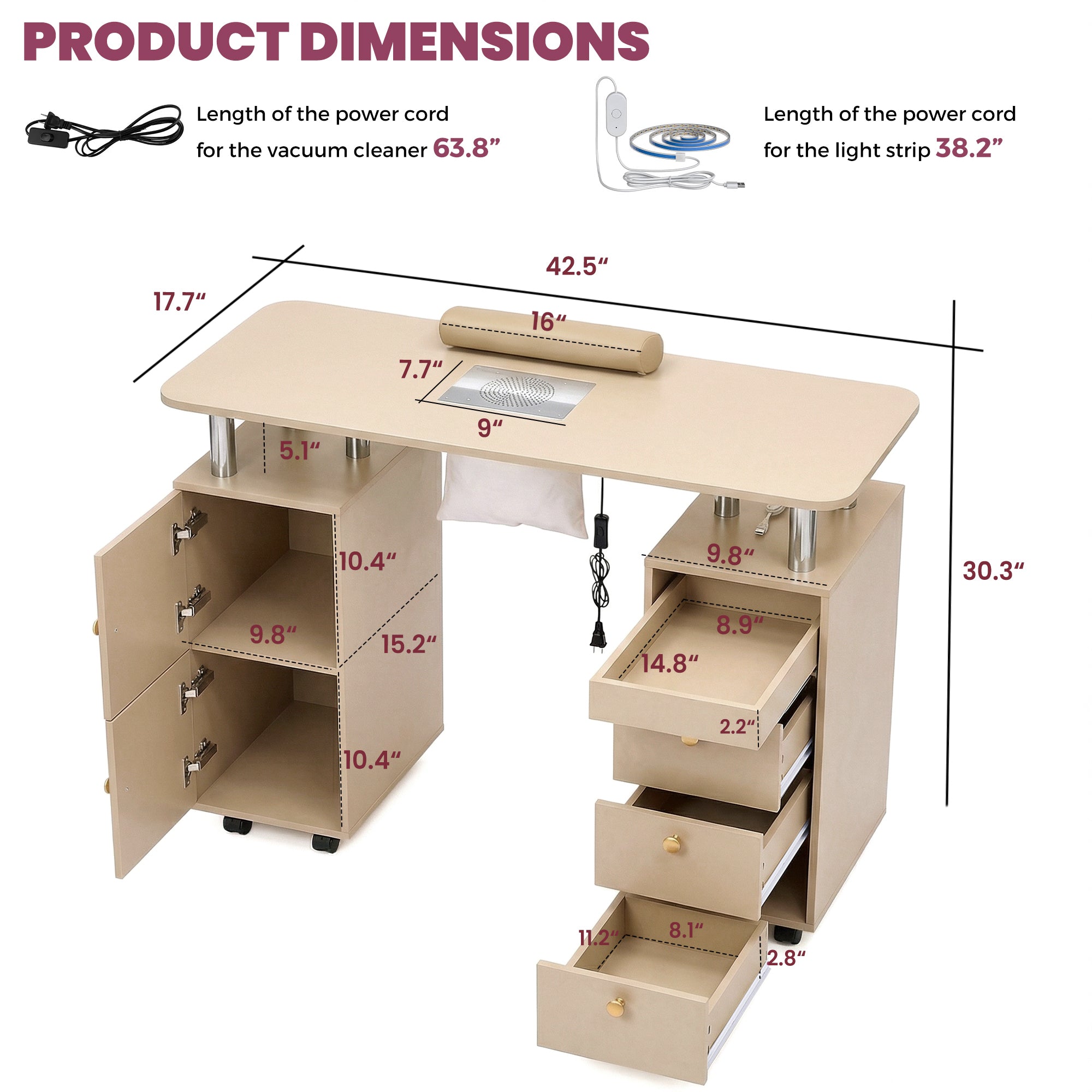 Advwin Nail Table w/ Dust Collector & Lockable Wheels Gold