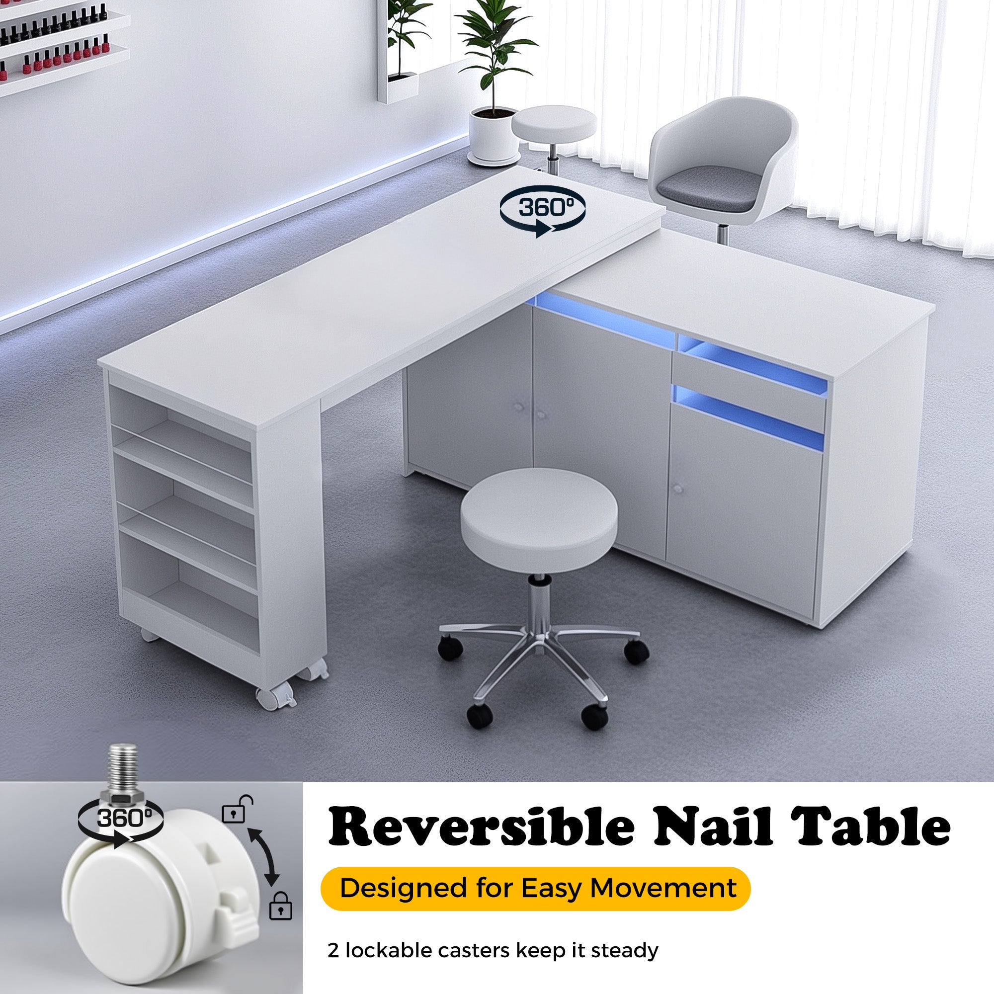 Advwin Rotating & Convertible Nail Table with LED Light