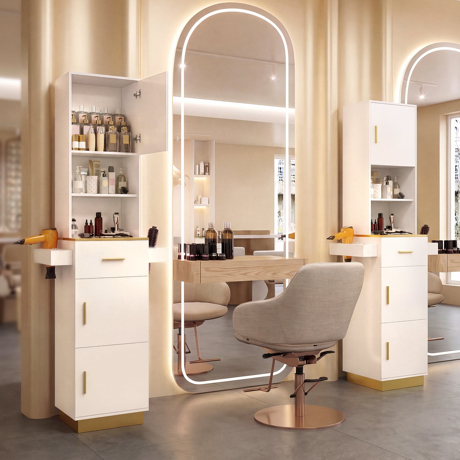 Salon styling station with mirror, chair, and shelves filled with products.