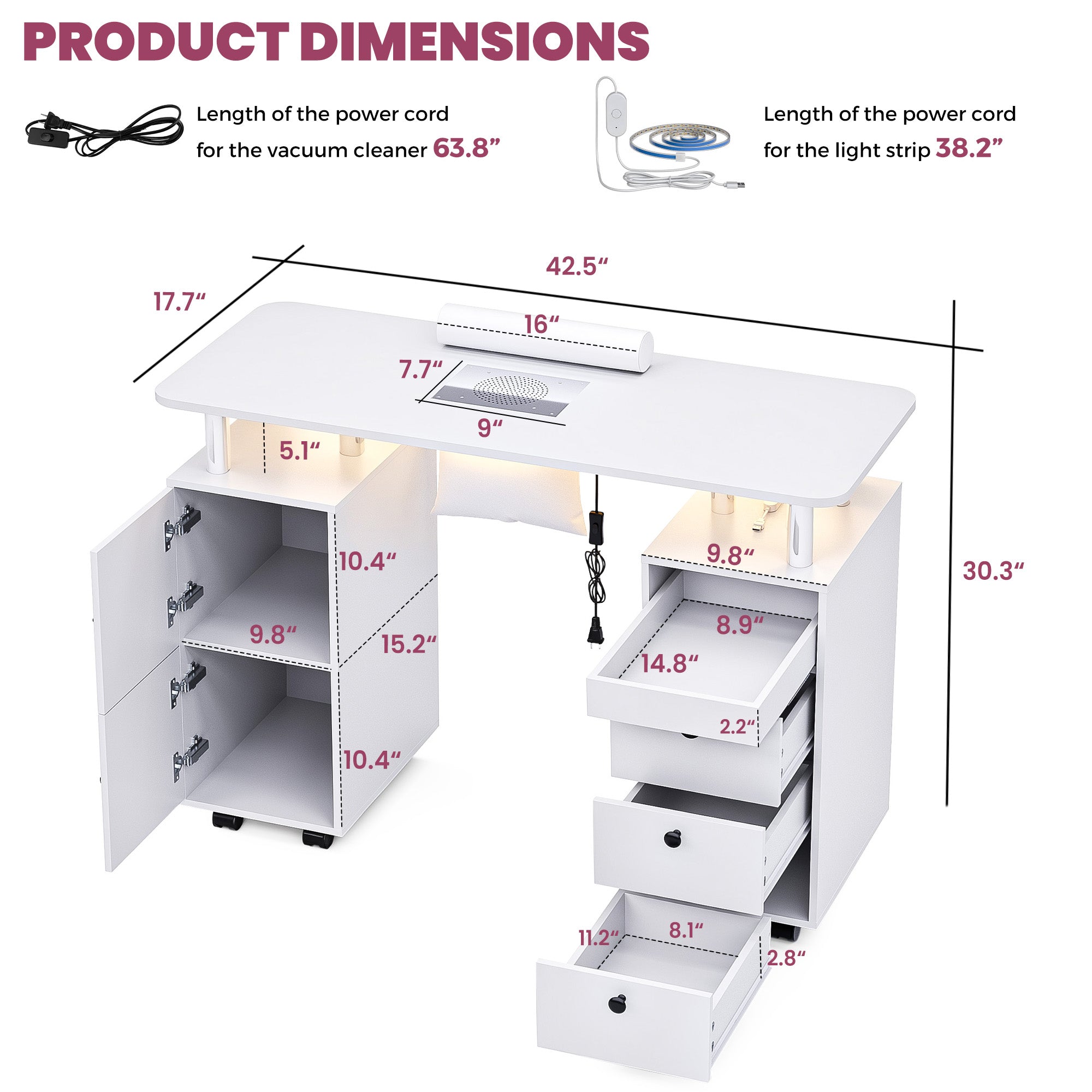 Advwin Nail Table w/ Dust Collector & Lockable Wheels