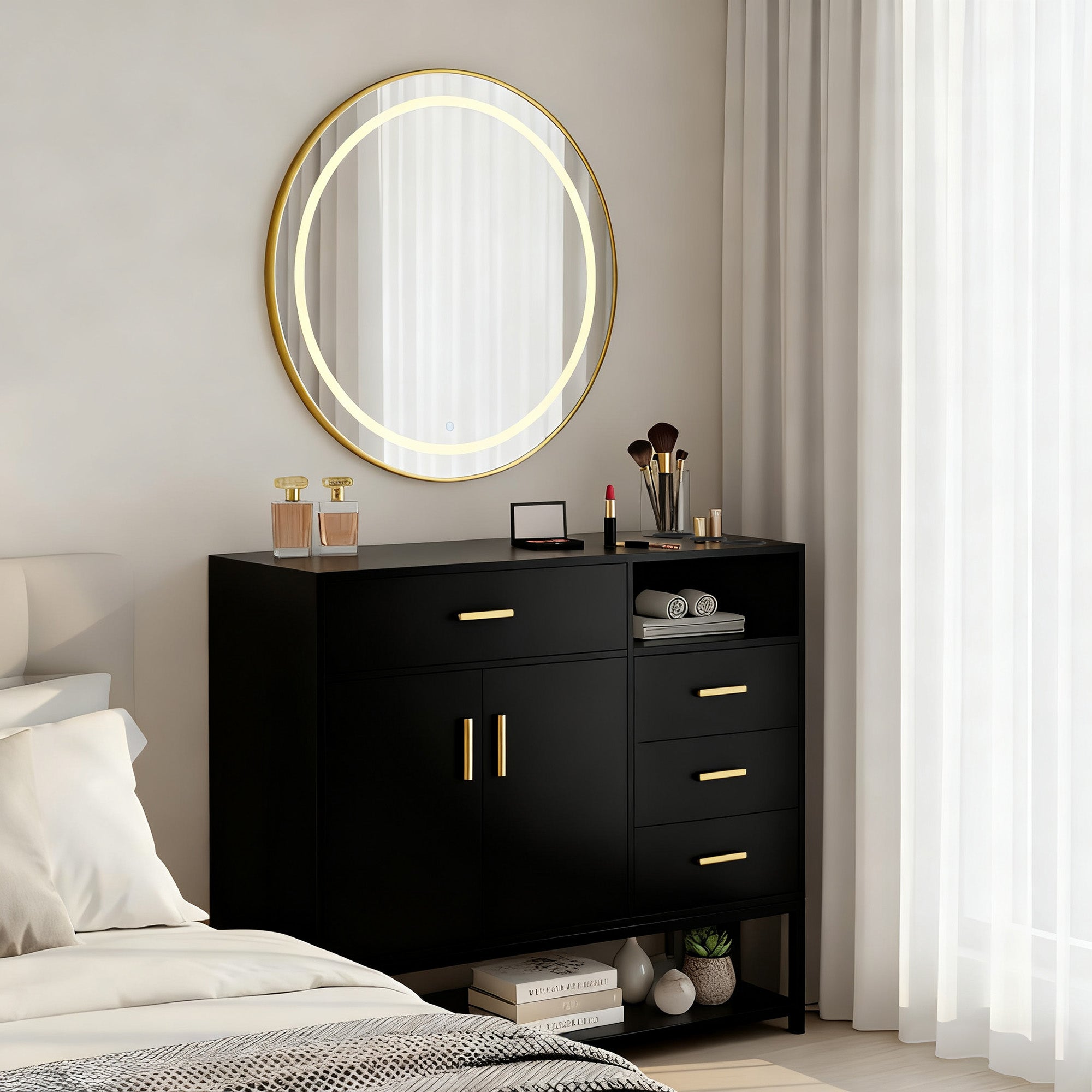 Black dresser with round mirror and decorative items in a bedroom setting