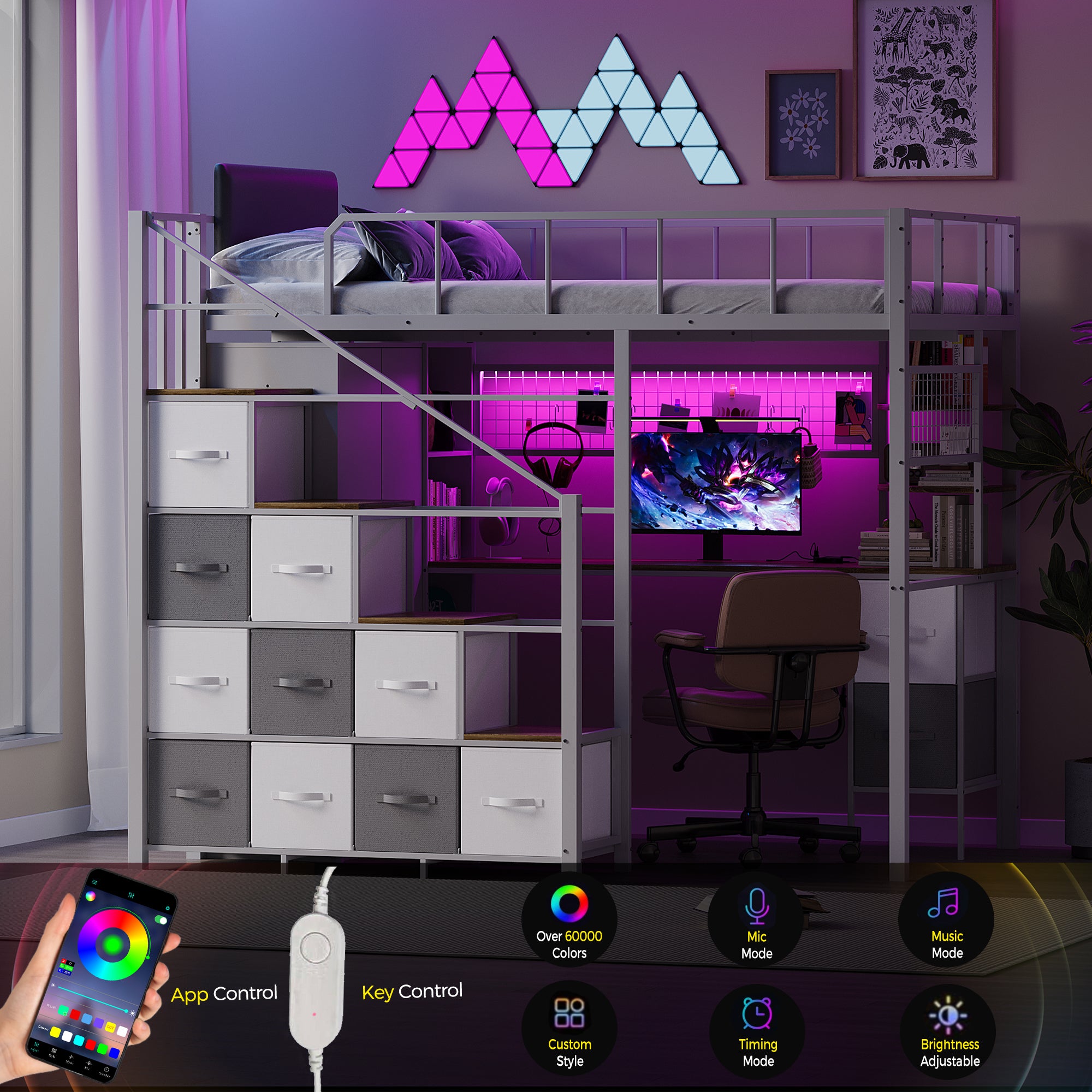 Advwin Space-Saving Loft Bed with LED Light & Drawers