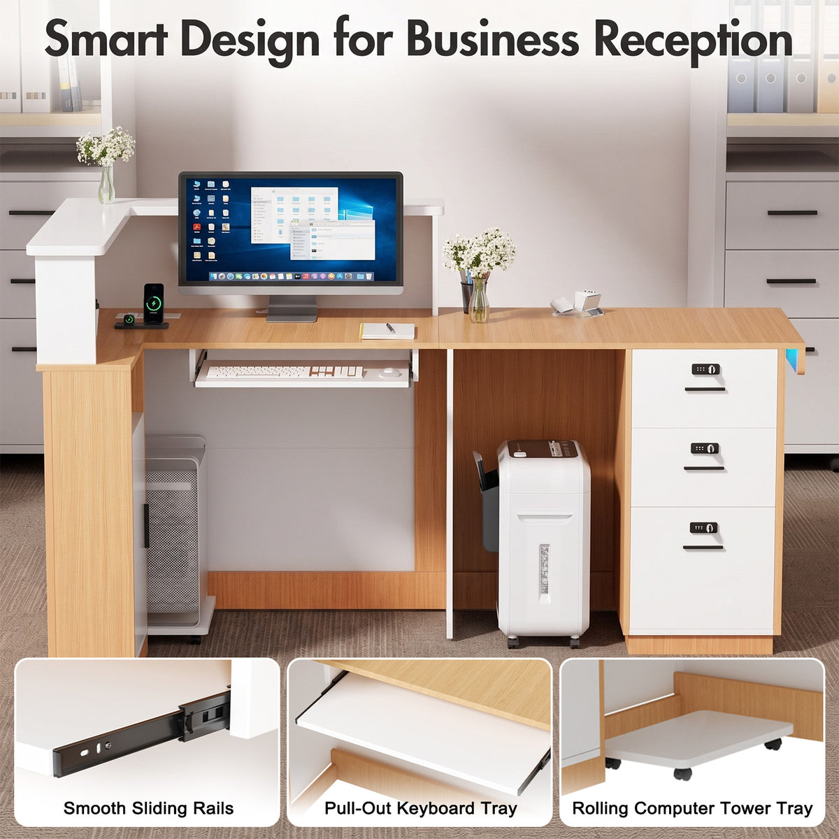 Advwin L-Shape Fluted Reception Desk w/ Counter & LED