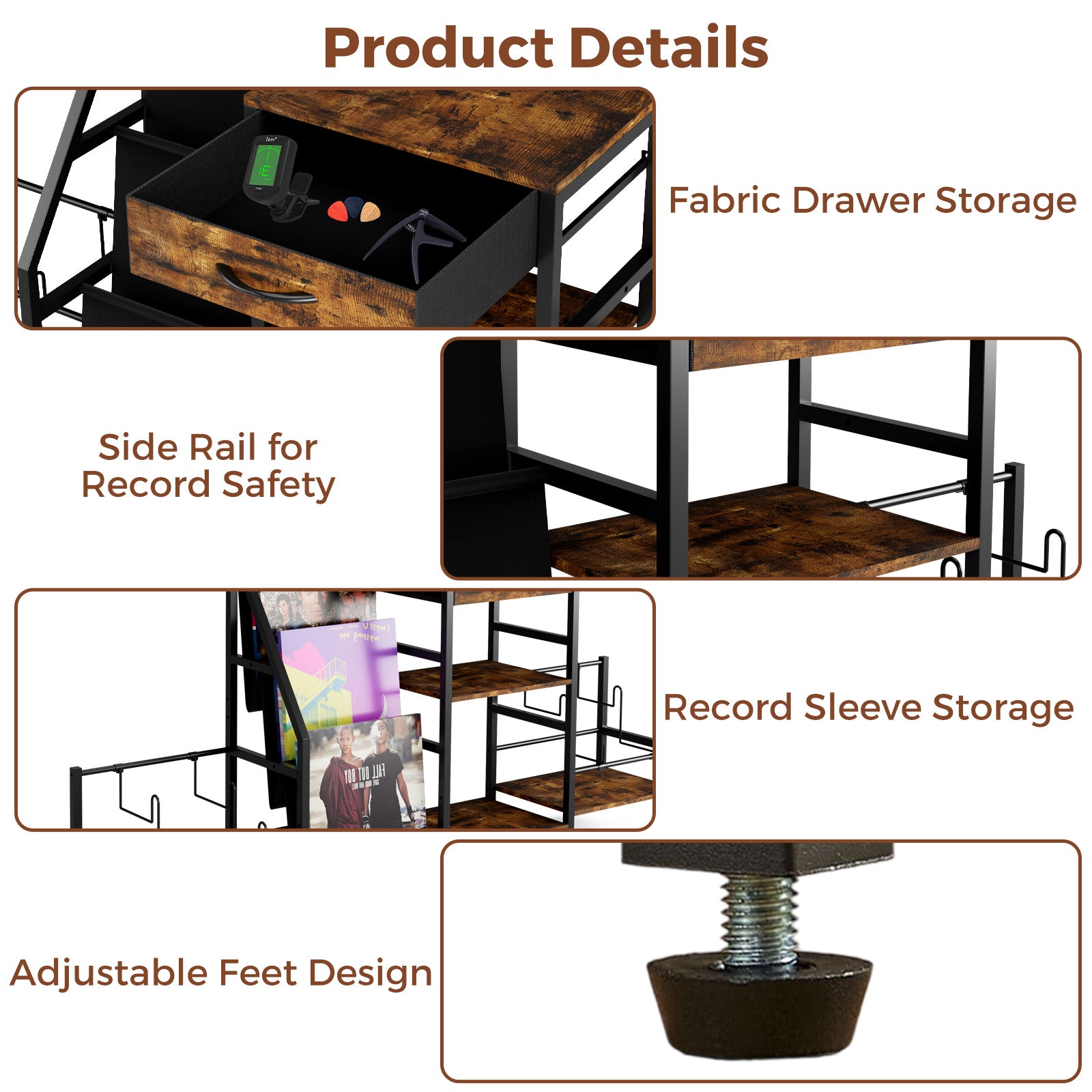 Product details of a record storage unit with fabric drawer storage, side rail for record safety, and adjustable feet design.