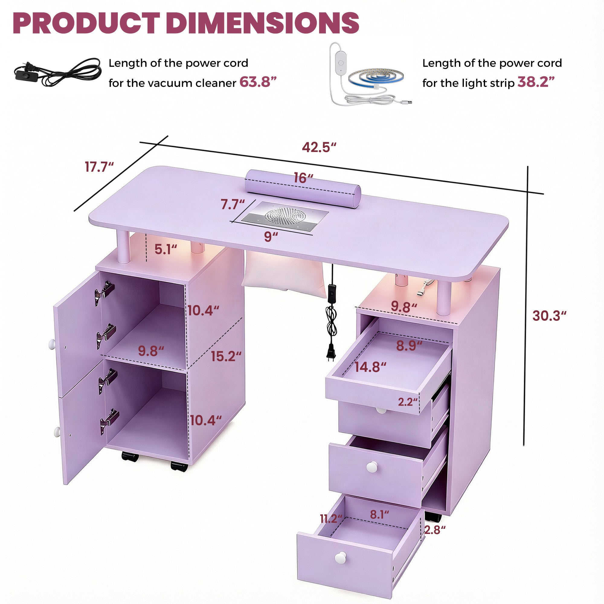 Advwin Nail Table w/ Dust Collector & Lockable Wheels Purple