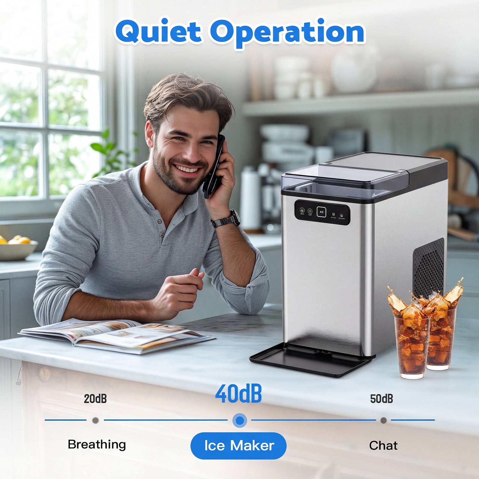 Man talking on phone next to a kitchen appliance with a glass of iced drink, labeled 'Quiet Operation'.