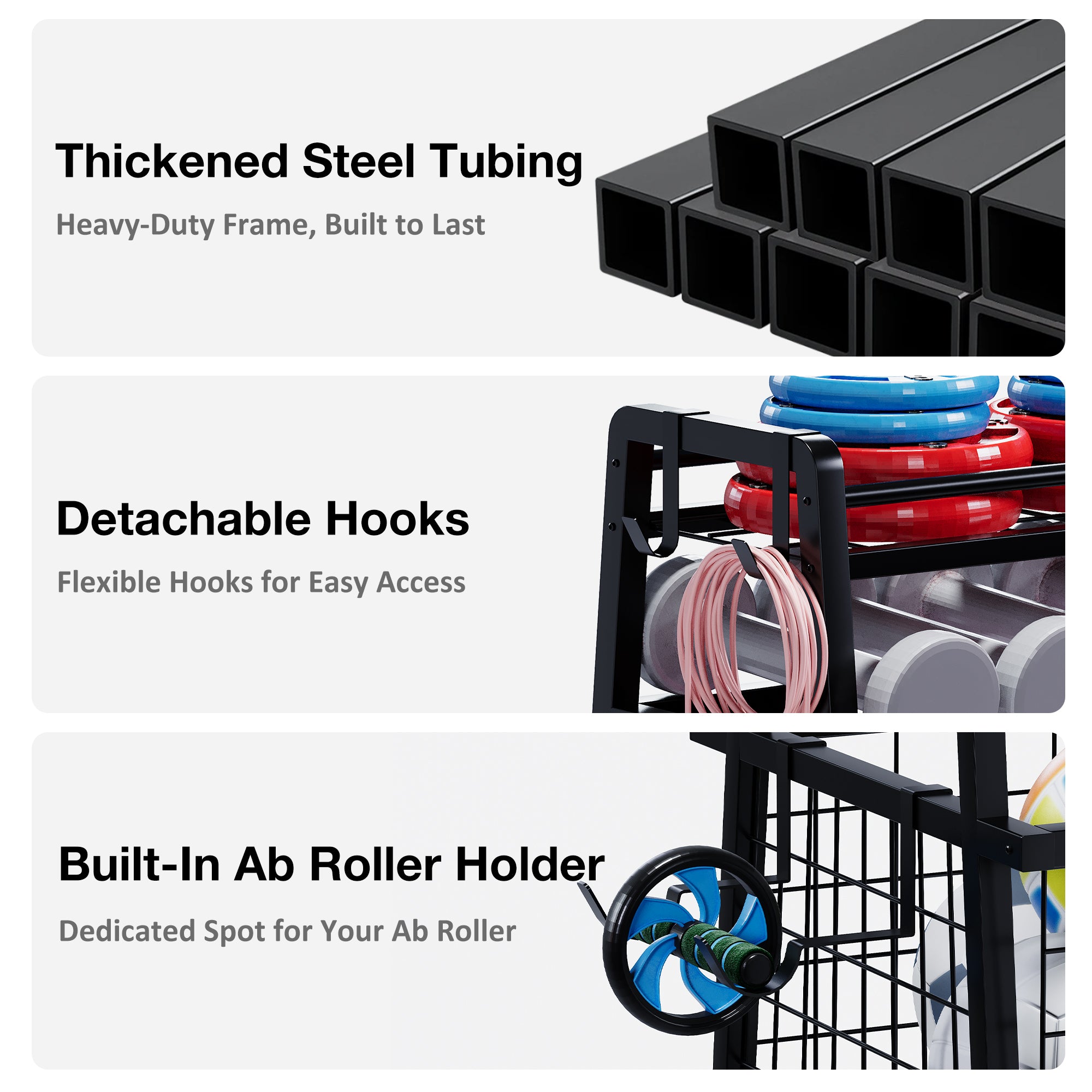 Product display with thickened steel tubing, detachable hooks, and built-in ab roller holder.