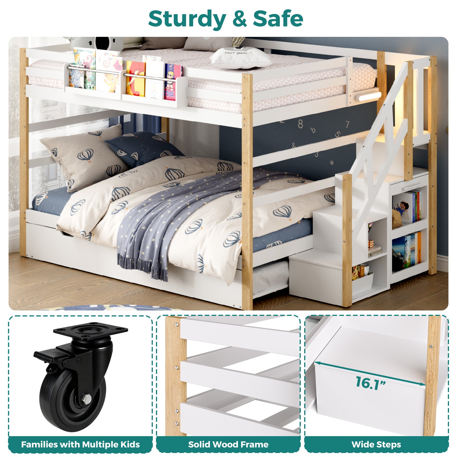 Bunk bed with storage shelves and safety features, labeled 'Sturdy & Safe'.